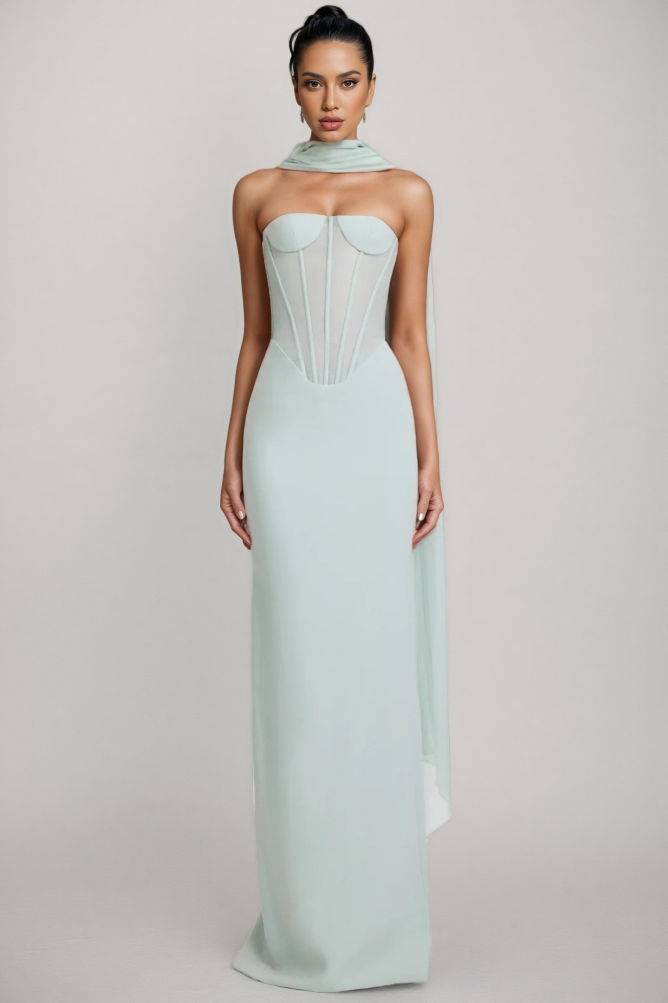 Gened Green Ribbon Sheer Chiffon Maxi Dress 