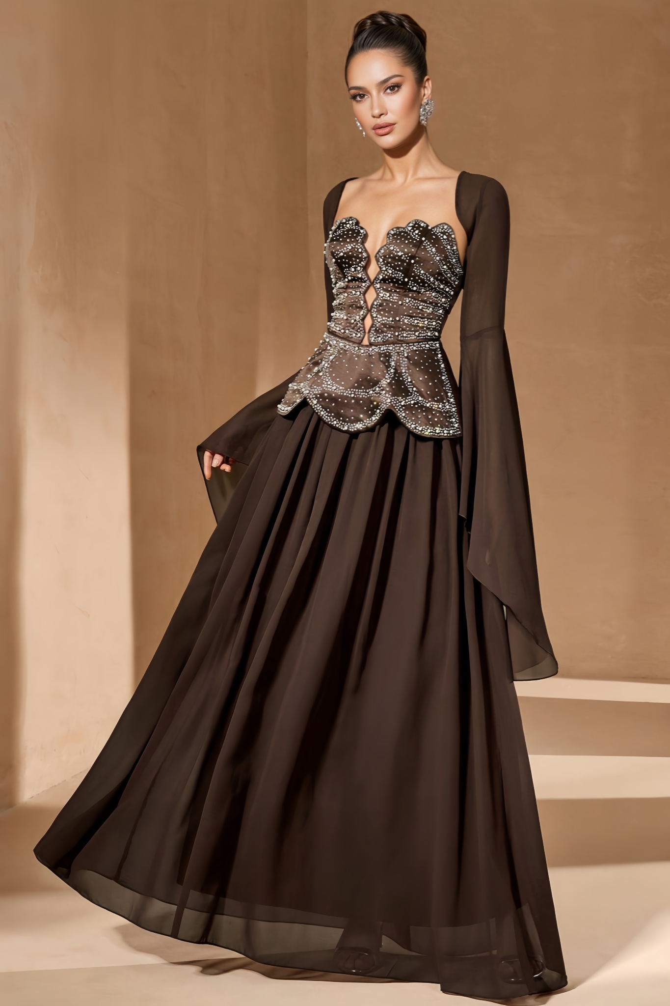 Golen Brown Strapless Maxi Dress Set