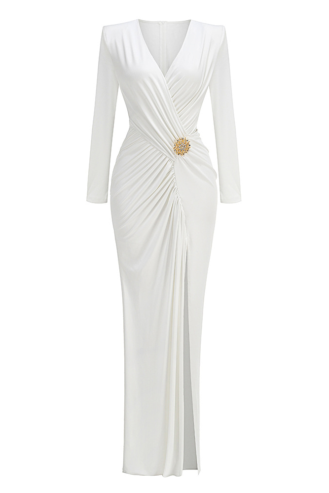 Gemma V-Neck Long Sleeve Slit Solid Midi Dress ﻿