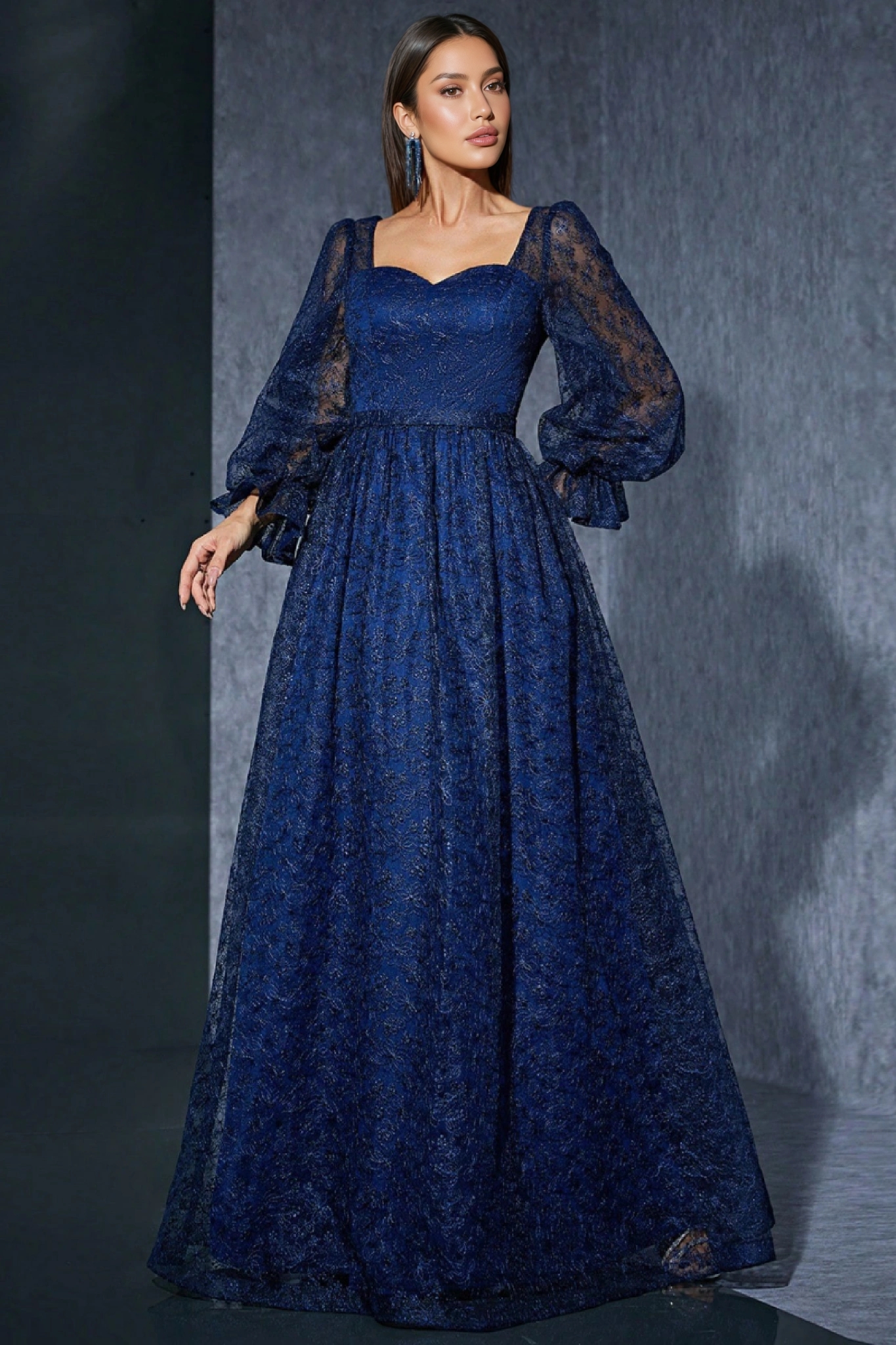 Crana Blue Embroidered Mesh Maxi Dress