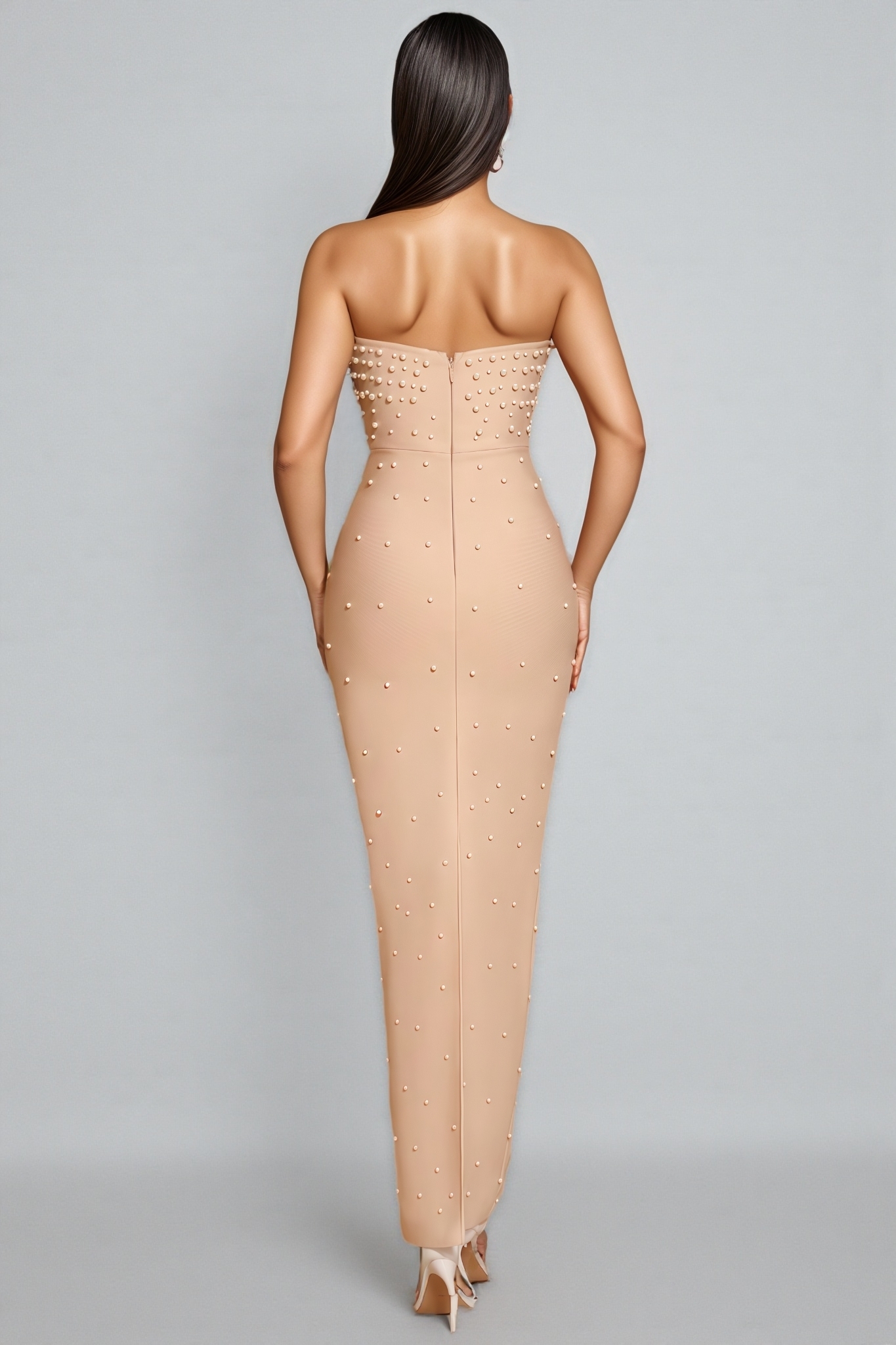Sevyn Apricot Strapless Pearl Maxi Dress