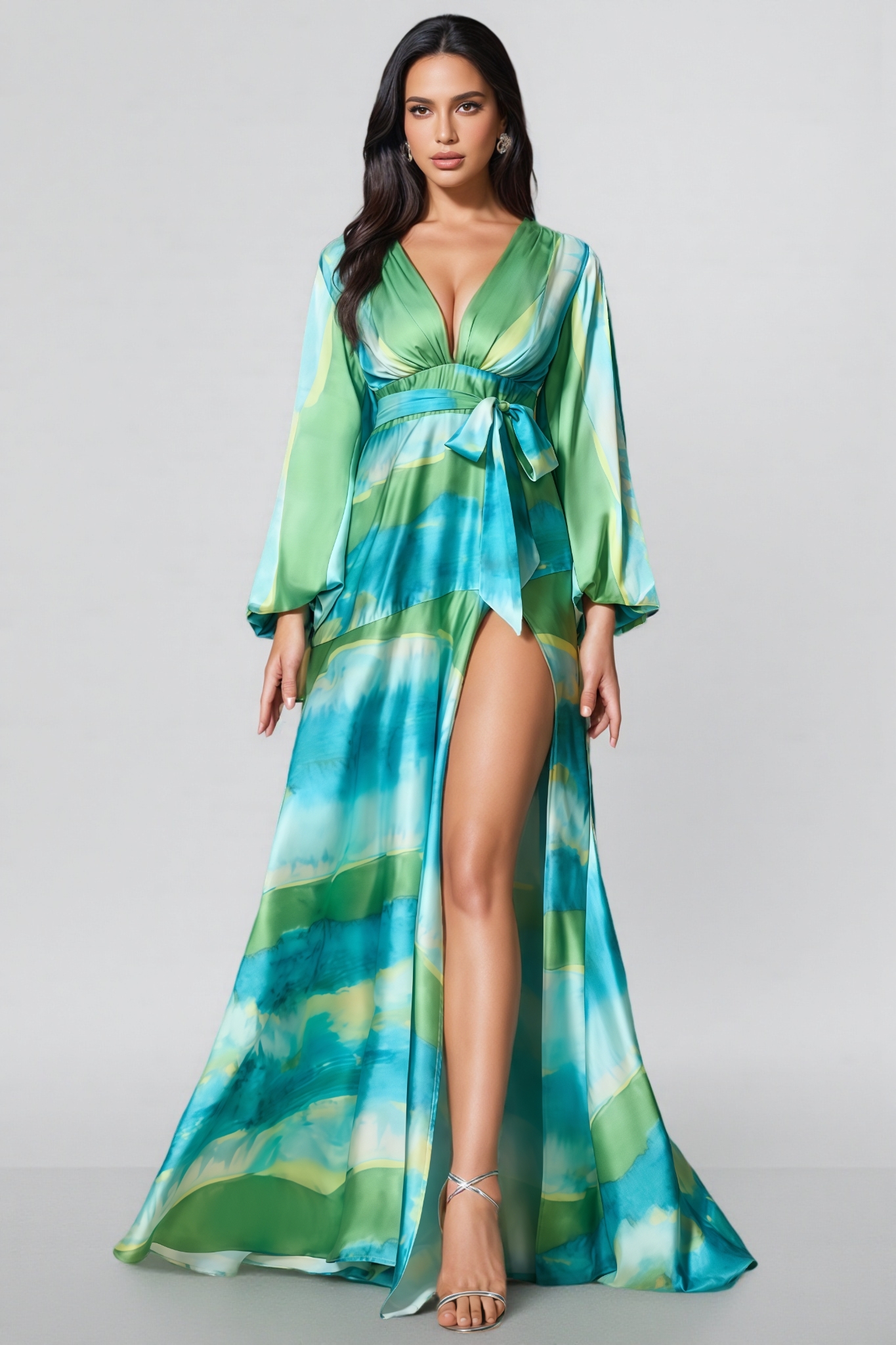 Selare Printed Bubble Sleeve Split Maxi Dress