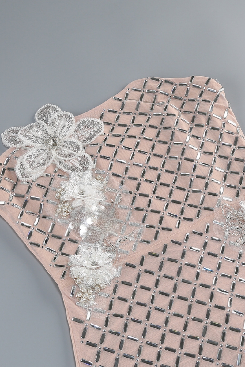 Havinia Beige Rhinestone 3D Floral Midi Dress
