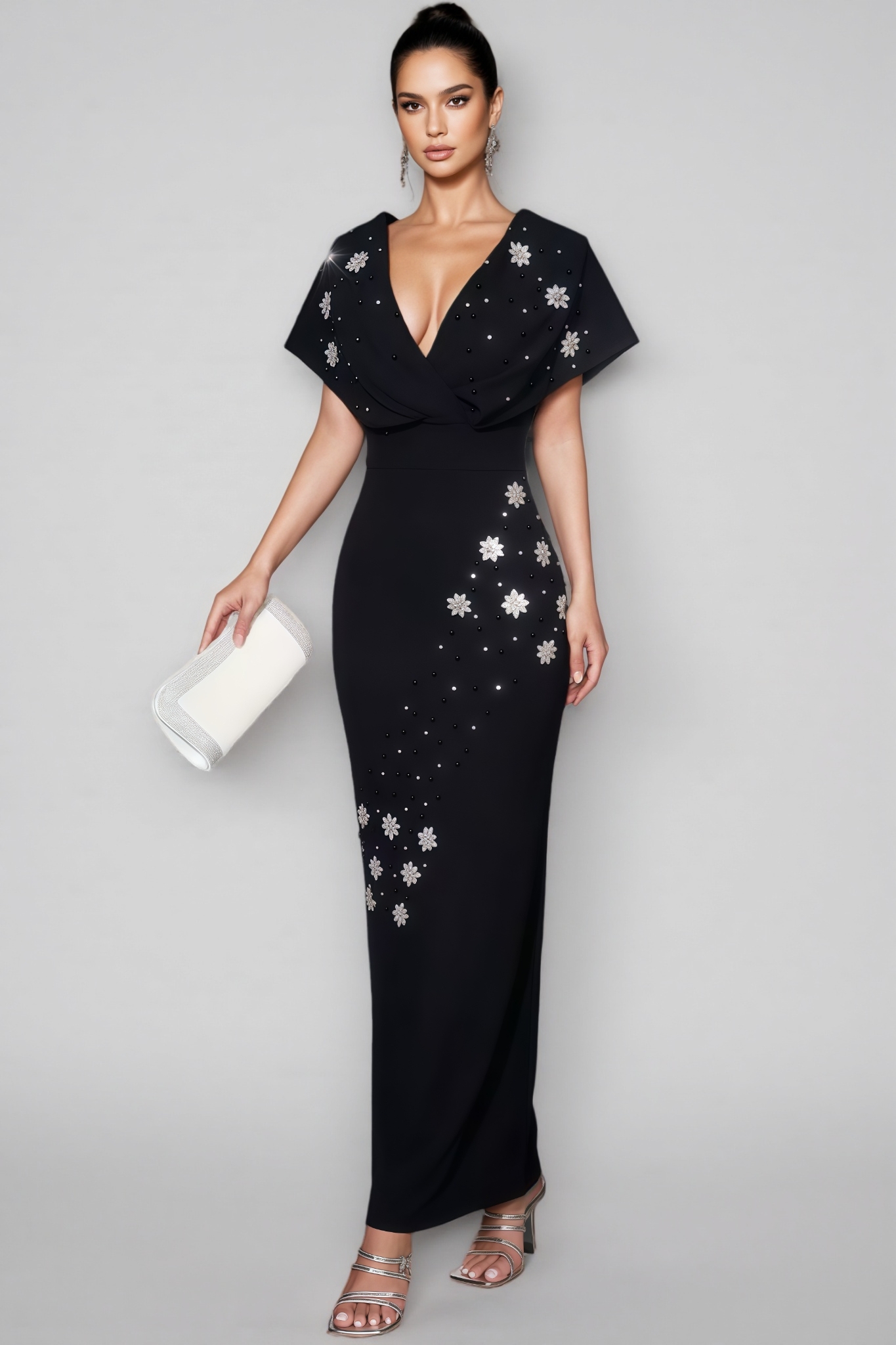 Eargus Black Rhinestone Bandage Maxi Dress