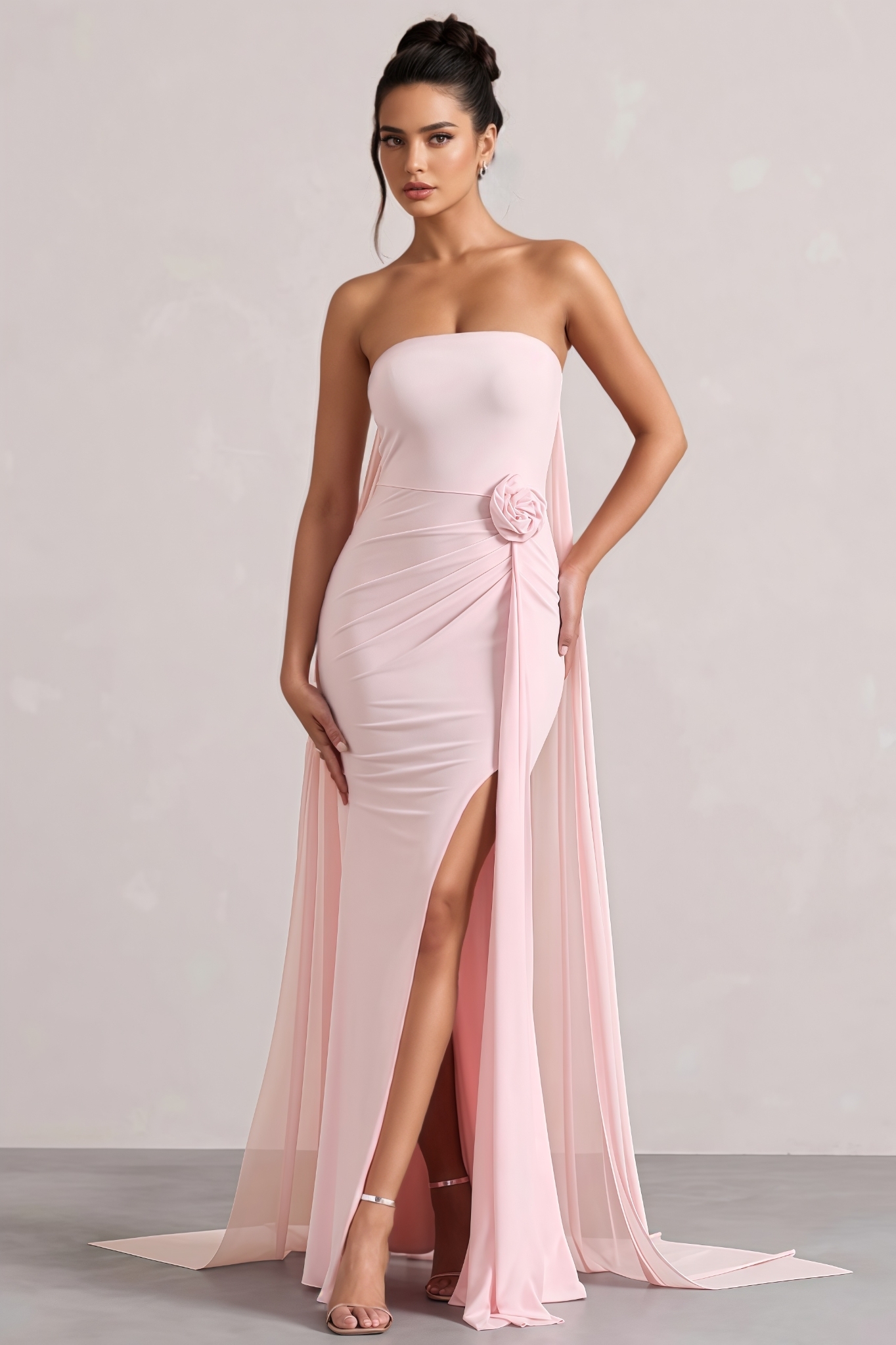 Harley Pink Strapless 3D Floral Slit Maxi Dress