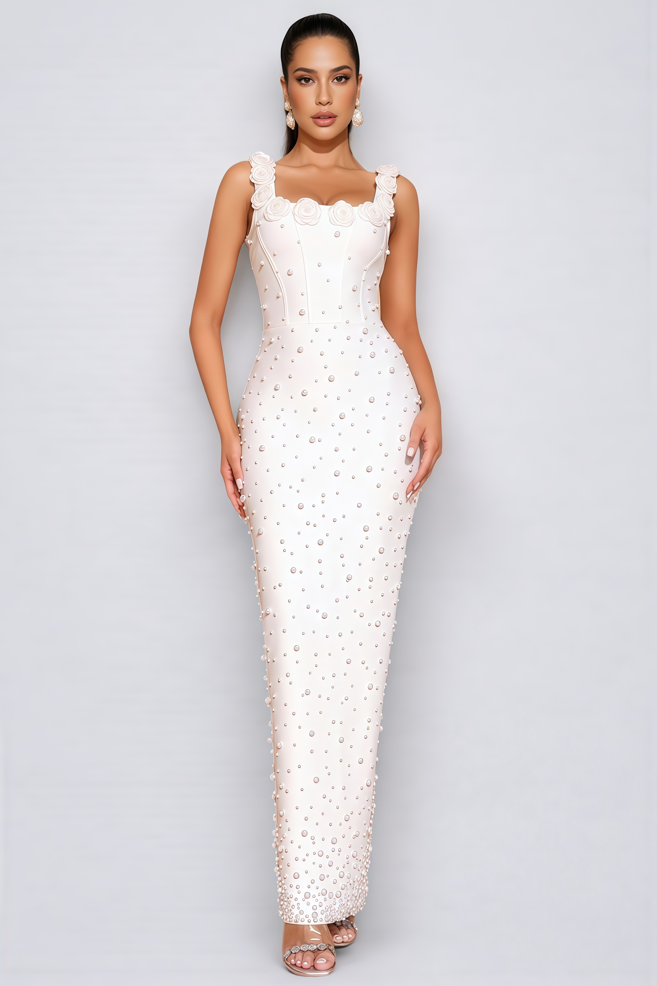 Maba White 3D Floral Maxi Dress