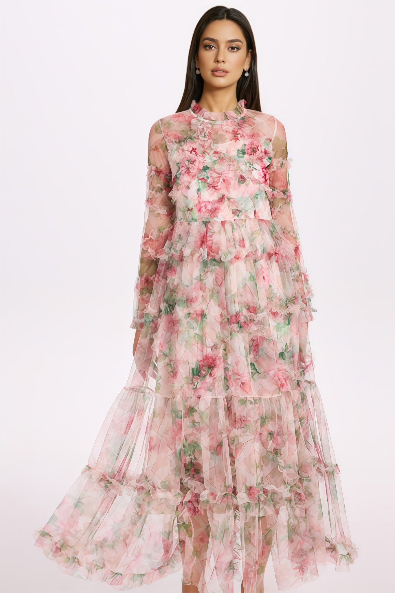 Nash Floral Mesh Ruffled Midi Dress