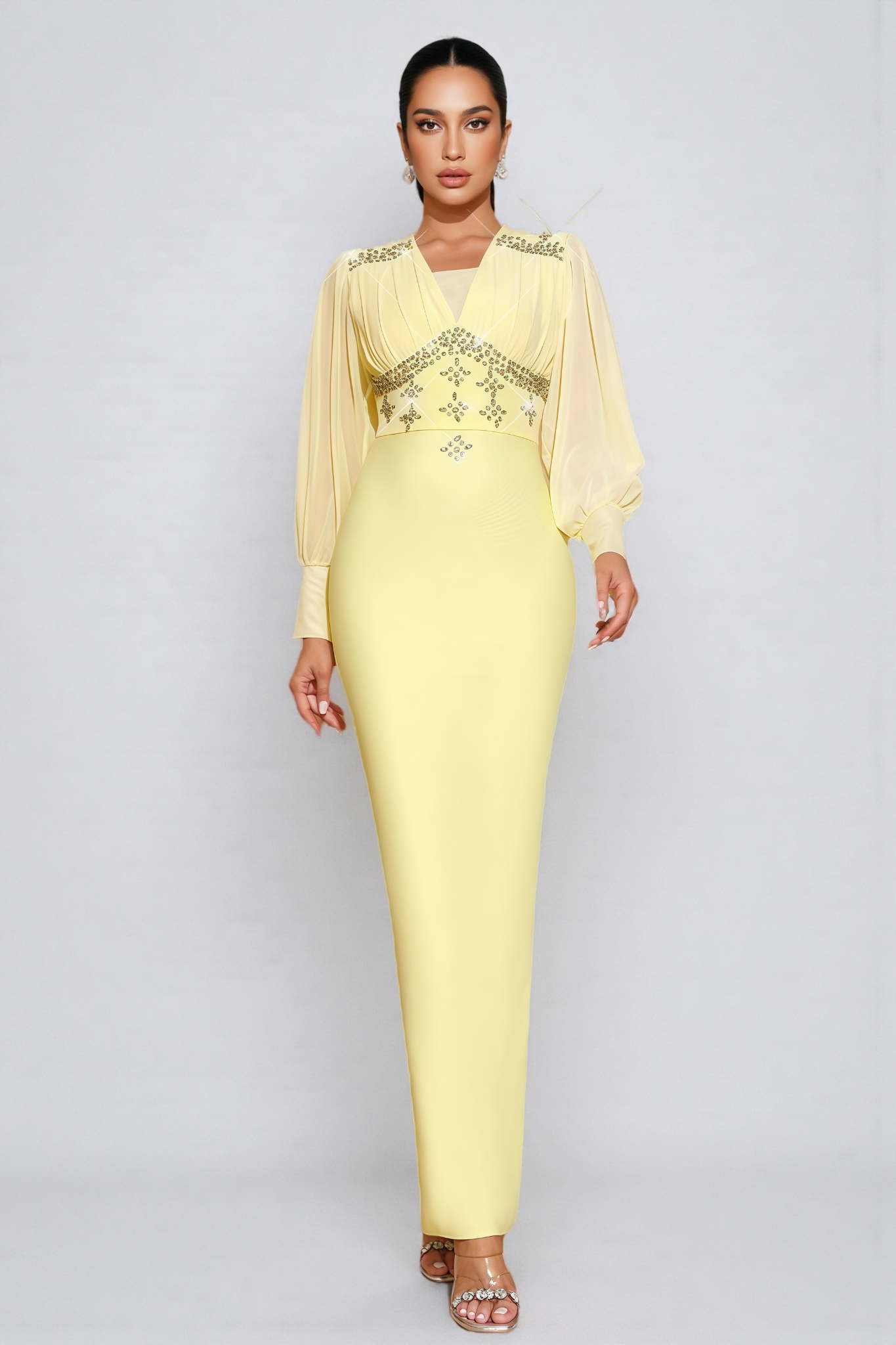 Euopa Yellow Rhinestone Maxi Dress