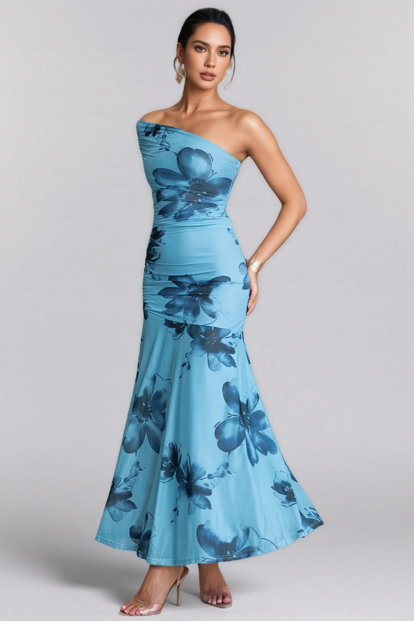 Saroyt Blue One Shoulder Floral Maxi Dress
