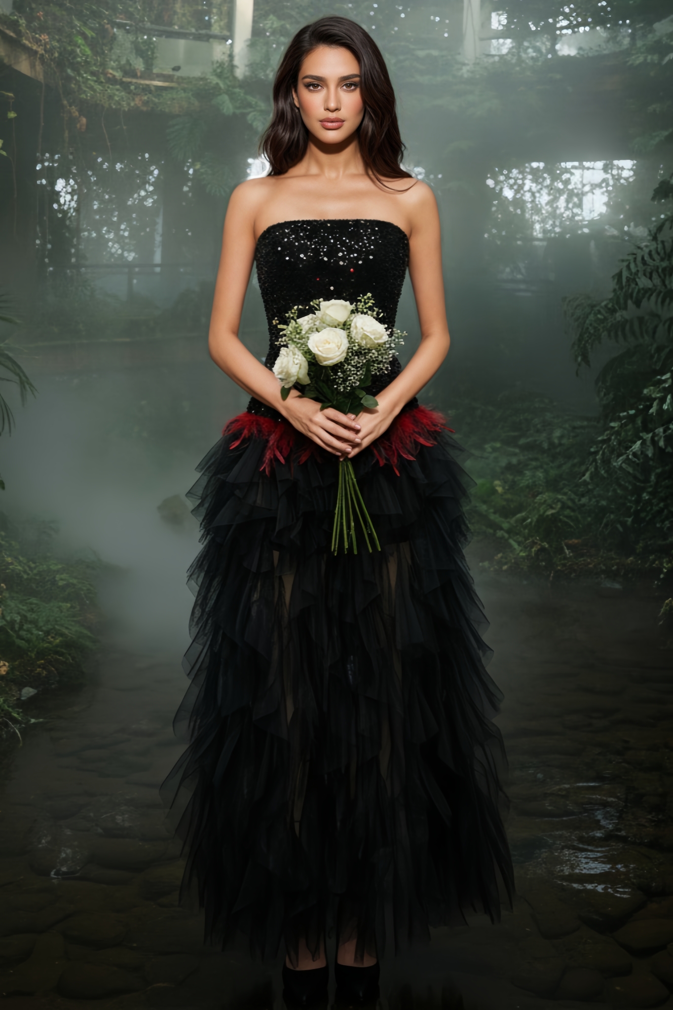 Rithed Black Sequin Strapless Mesh Maxi Dress