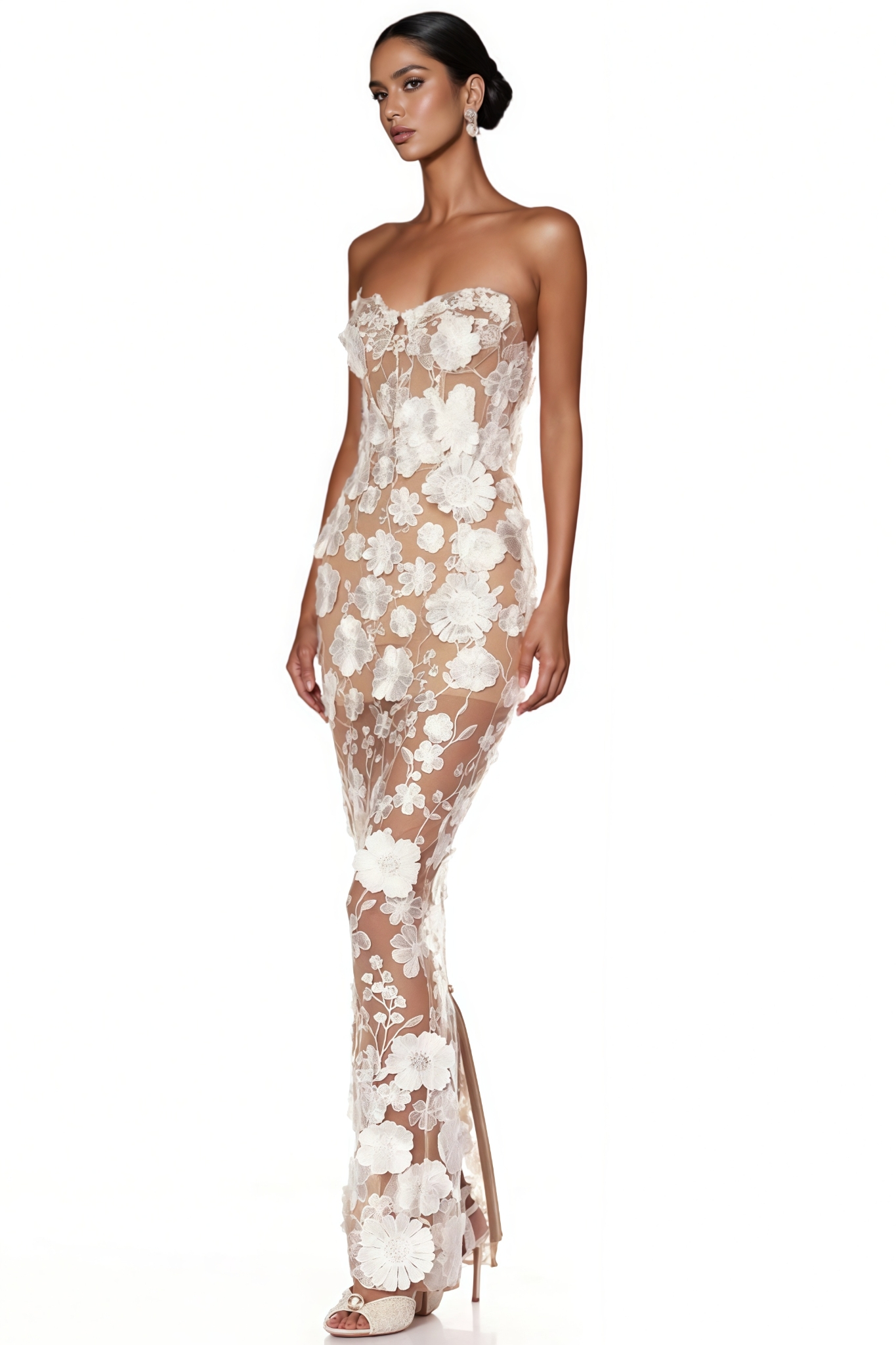 Kendall White Strapless 3D Flower Maxi Dress