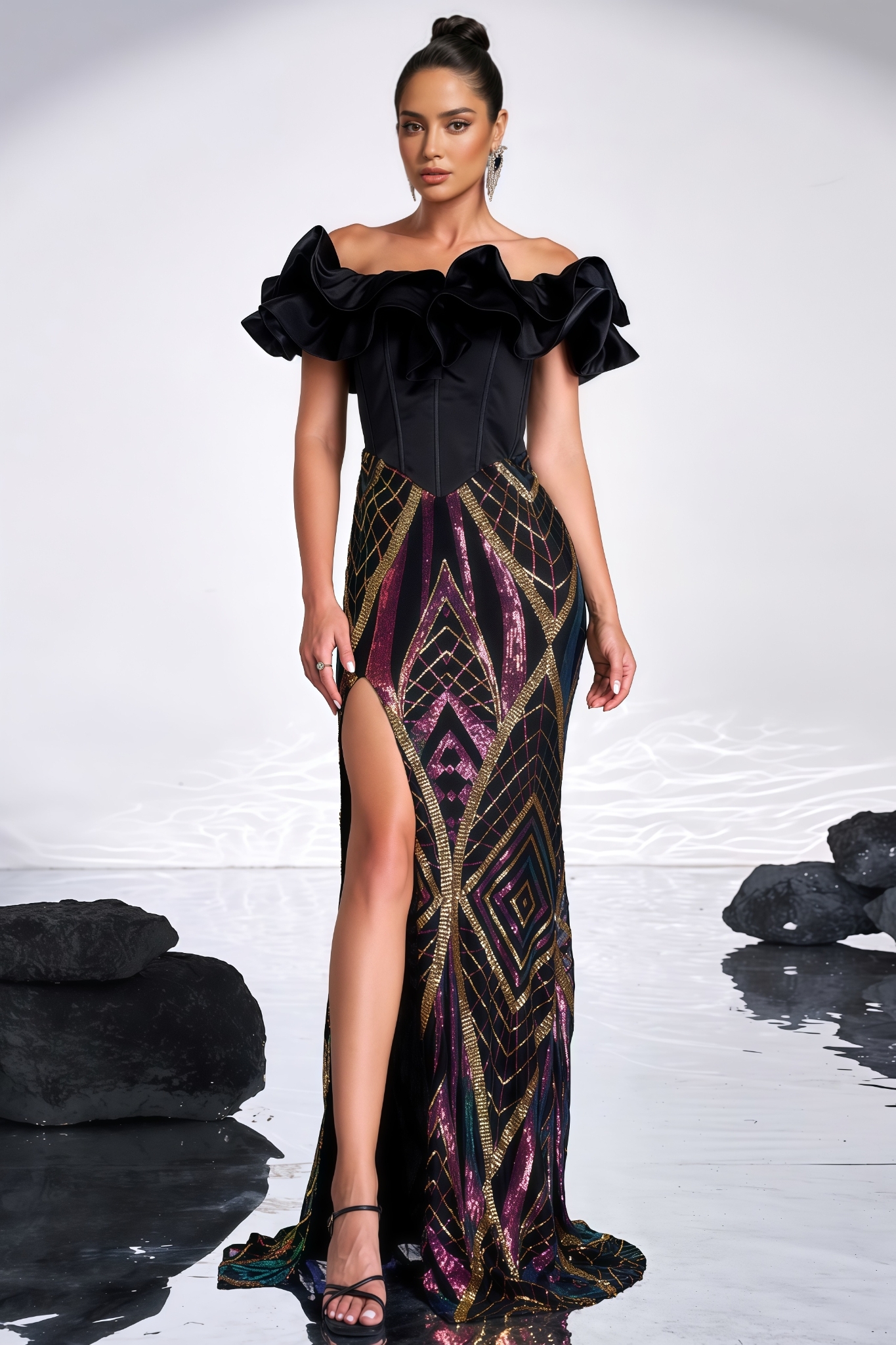 Rebekah Black Sequined Slit Maxi Dress