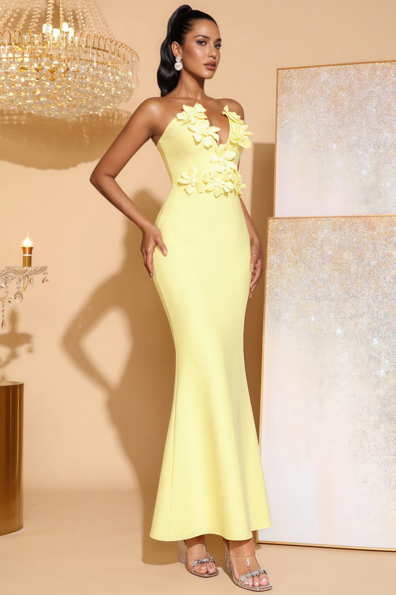 Lark Yellow 3D Floral Fishtail Maxi Dress