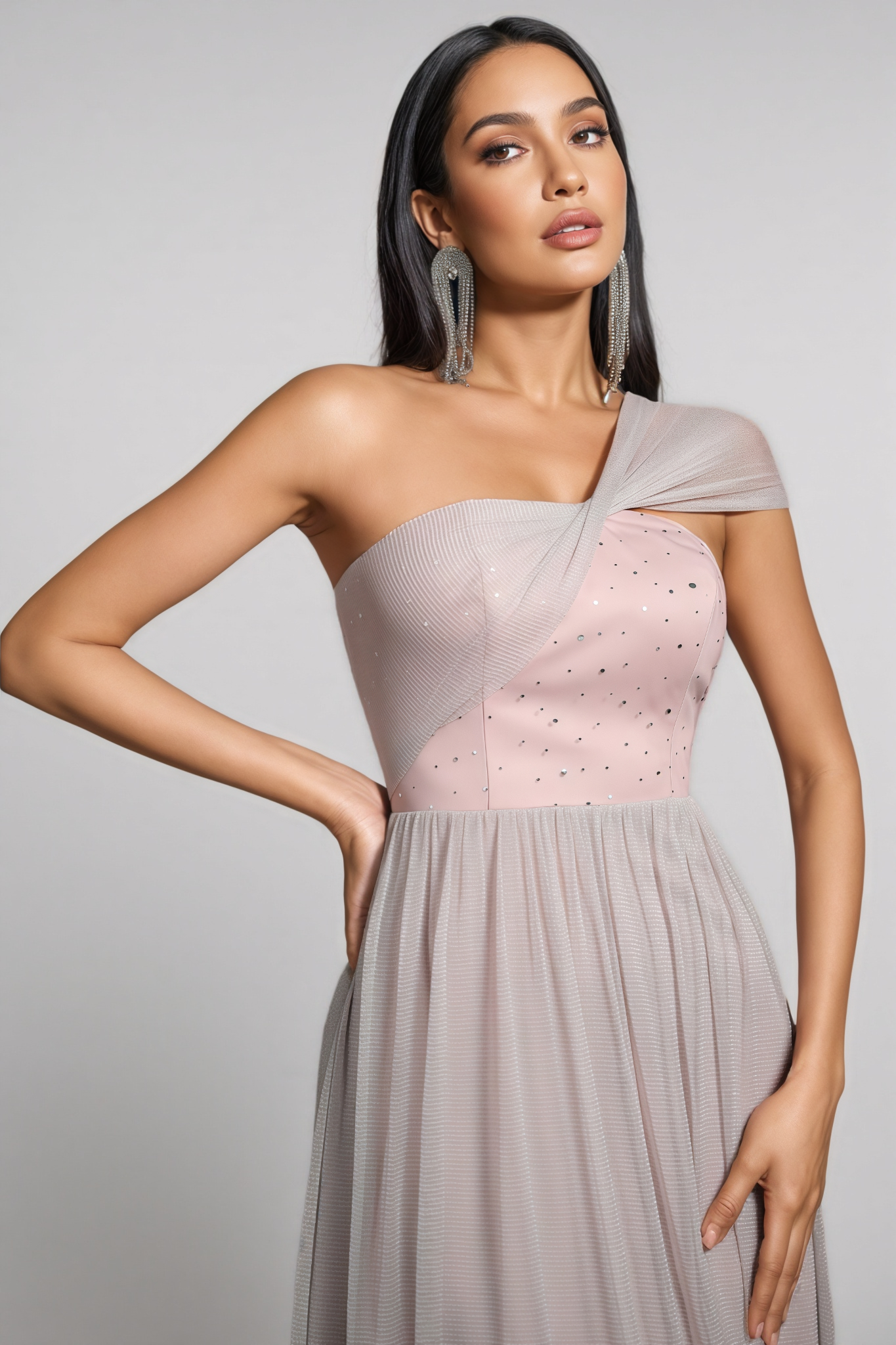 Ayven Pink One-Shoulder Mesh Maxi Dress