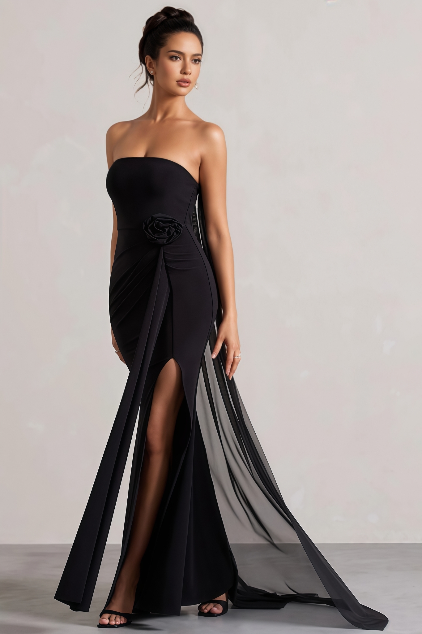Lena Black Strapless 3D Floral Slit Maxi Dress