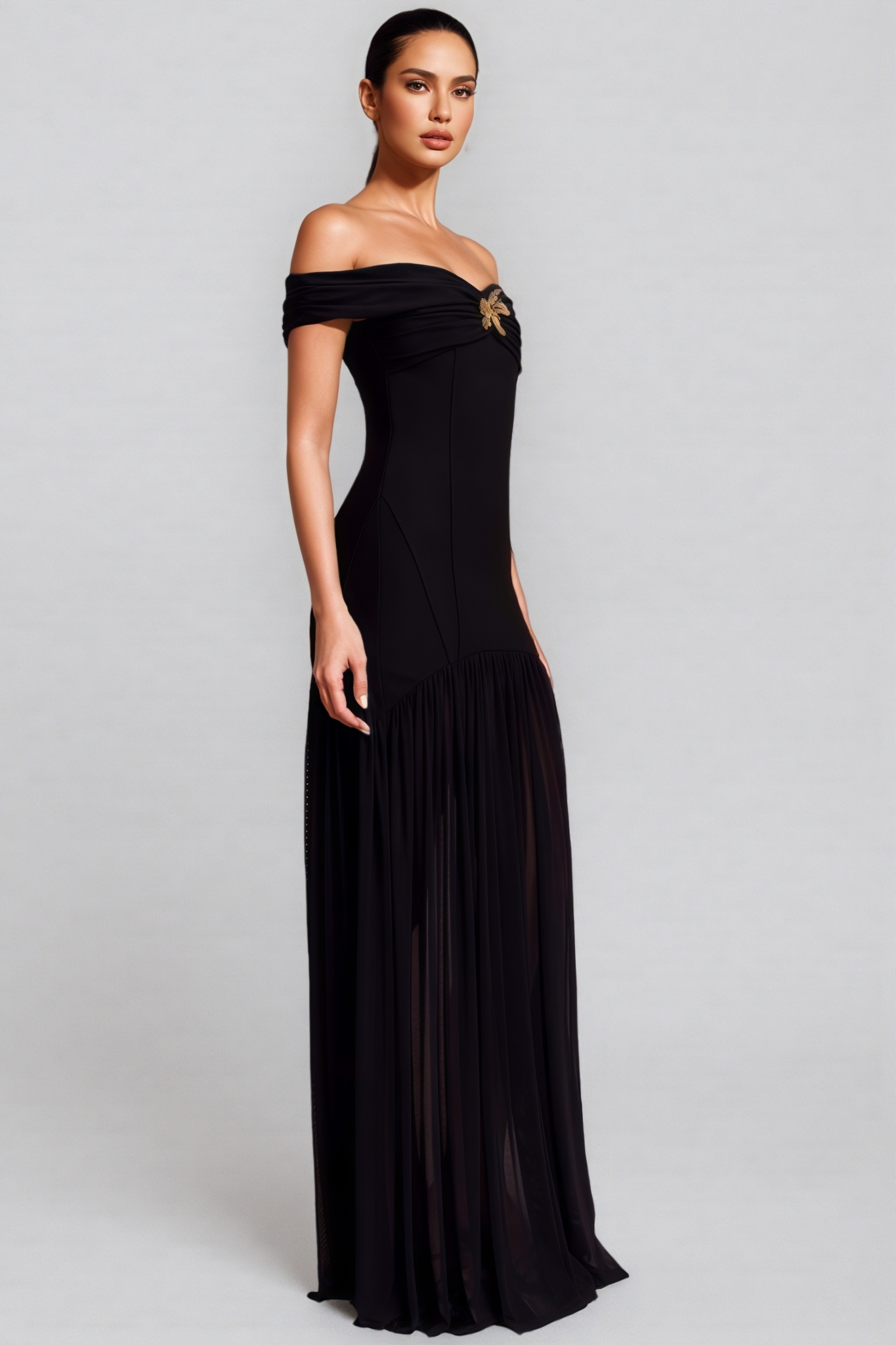 Dravert Black Mesh Backless Pleated Maxi Dress