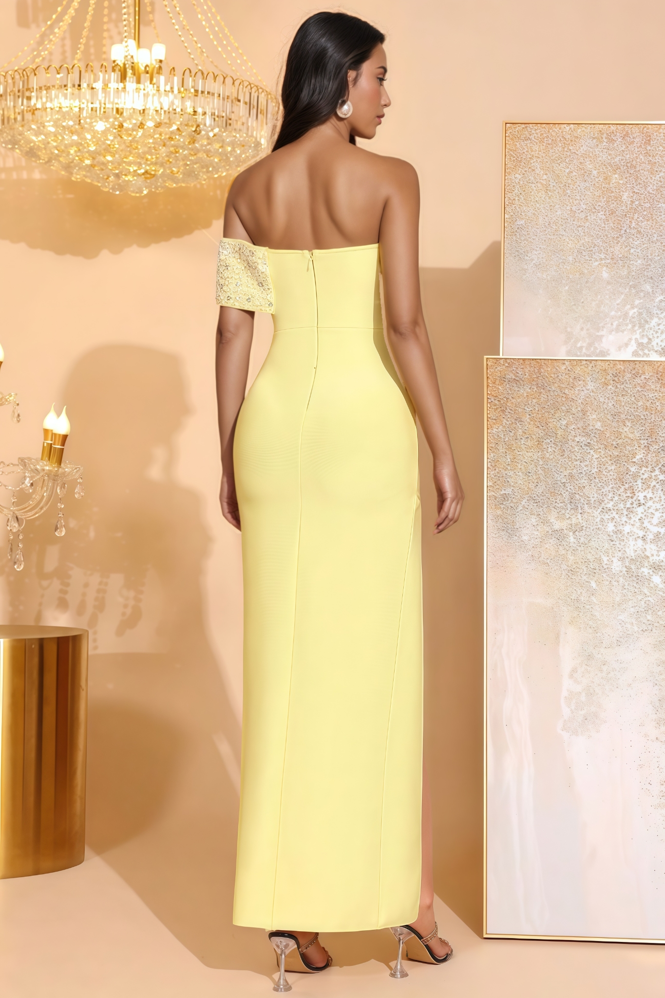 Zora Yellow Pearl Slit Bandage Maxi Dress
