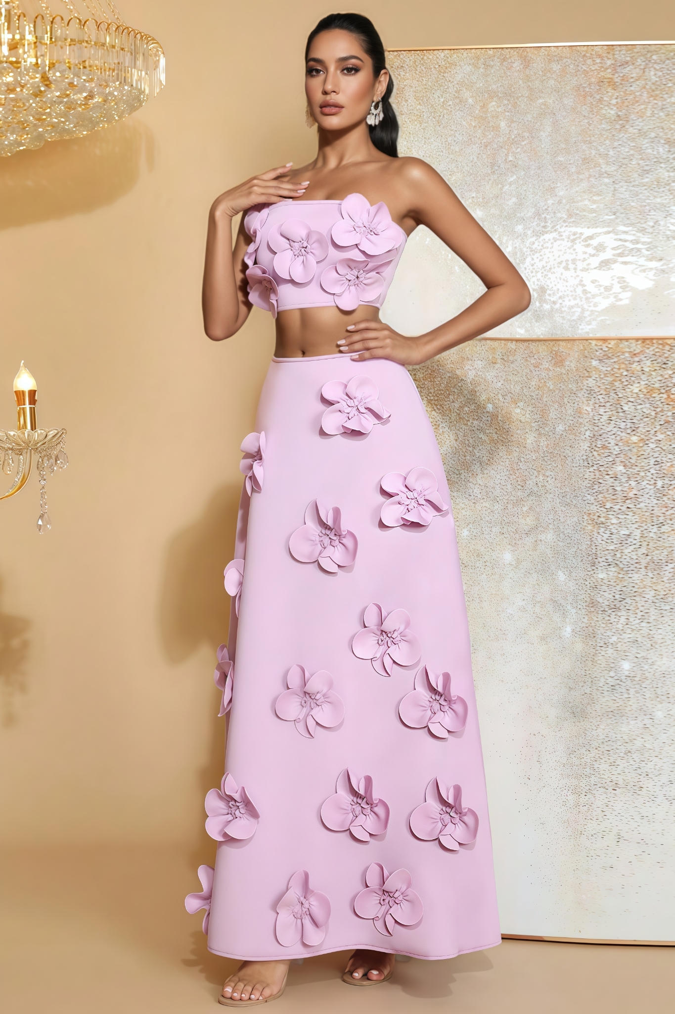 Arlend Purple 3D Floral Maxi Dress Set