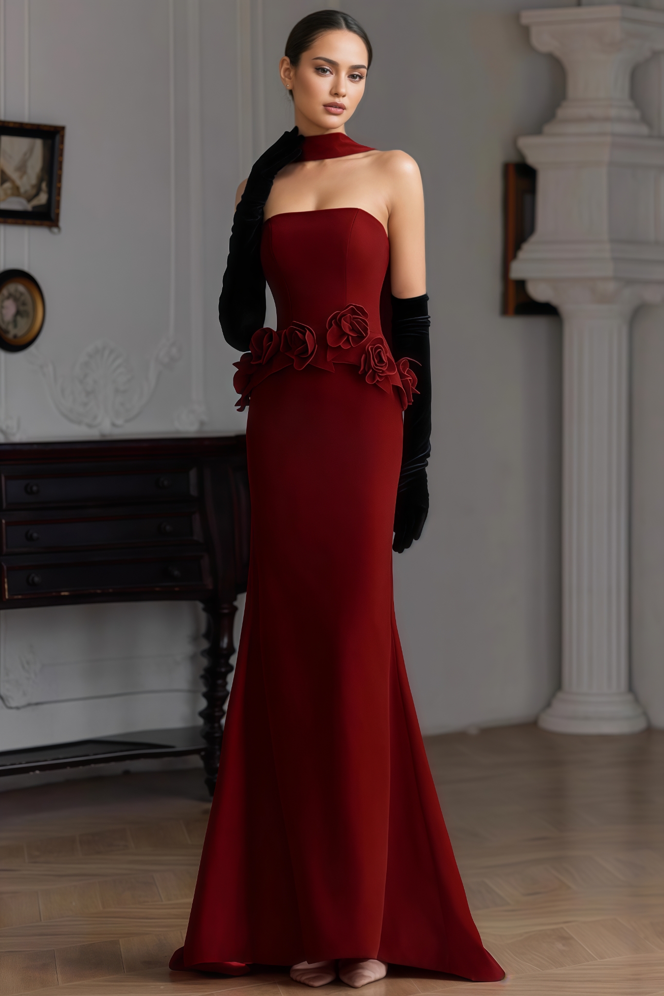 Tania Red 3D Floral Fishtail Maxi Dress