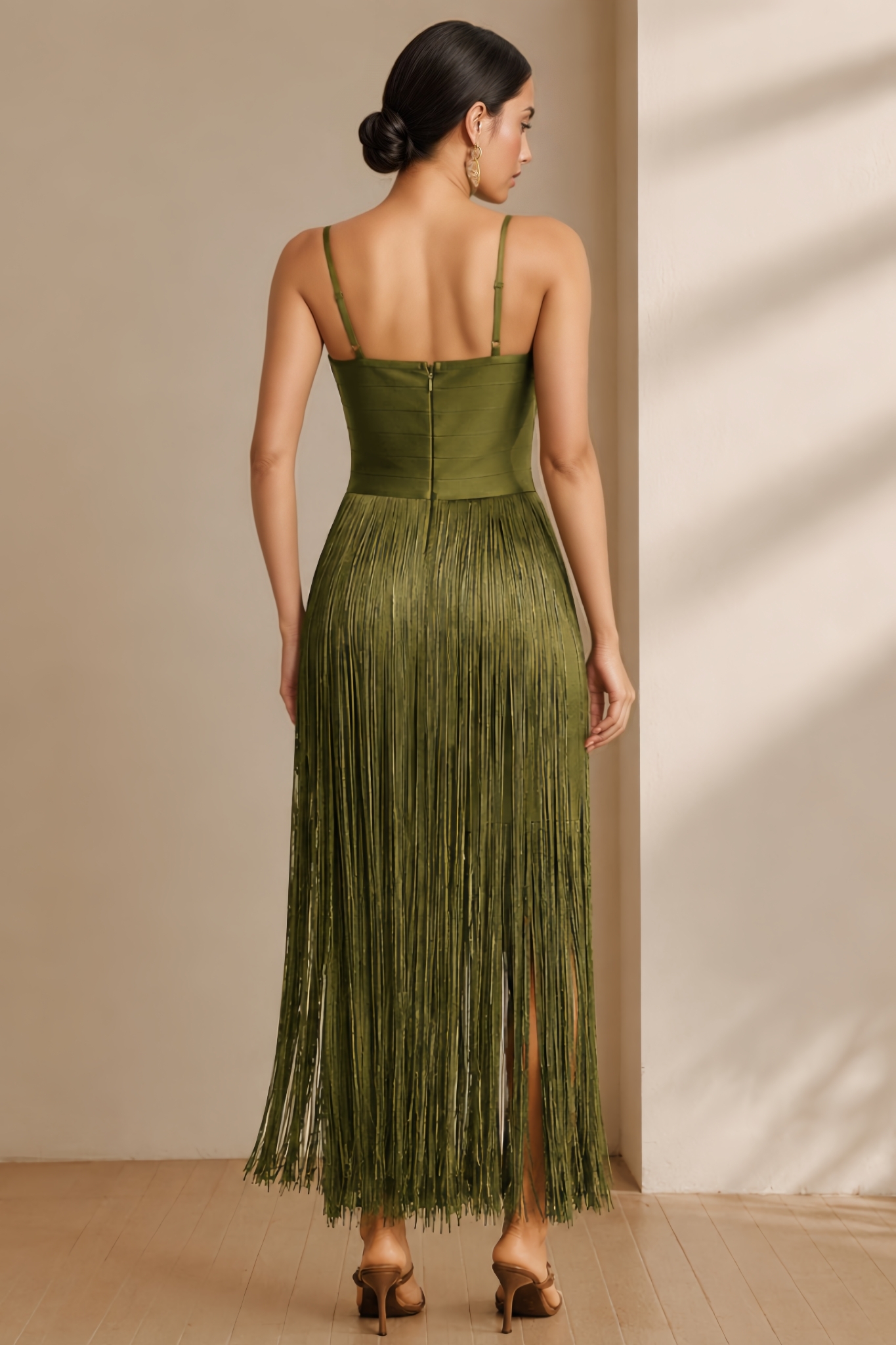 Qalia Green Halter Fringe Bandage Maxi Dress