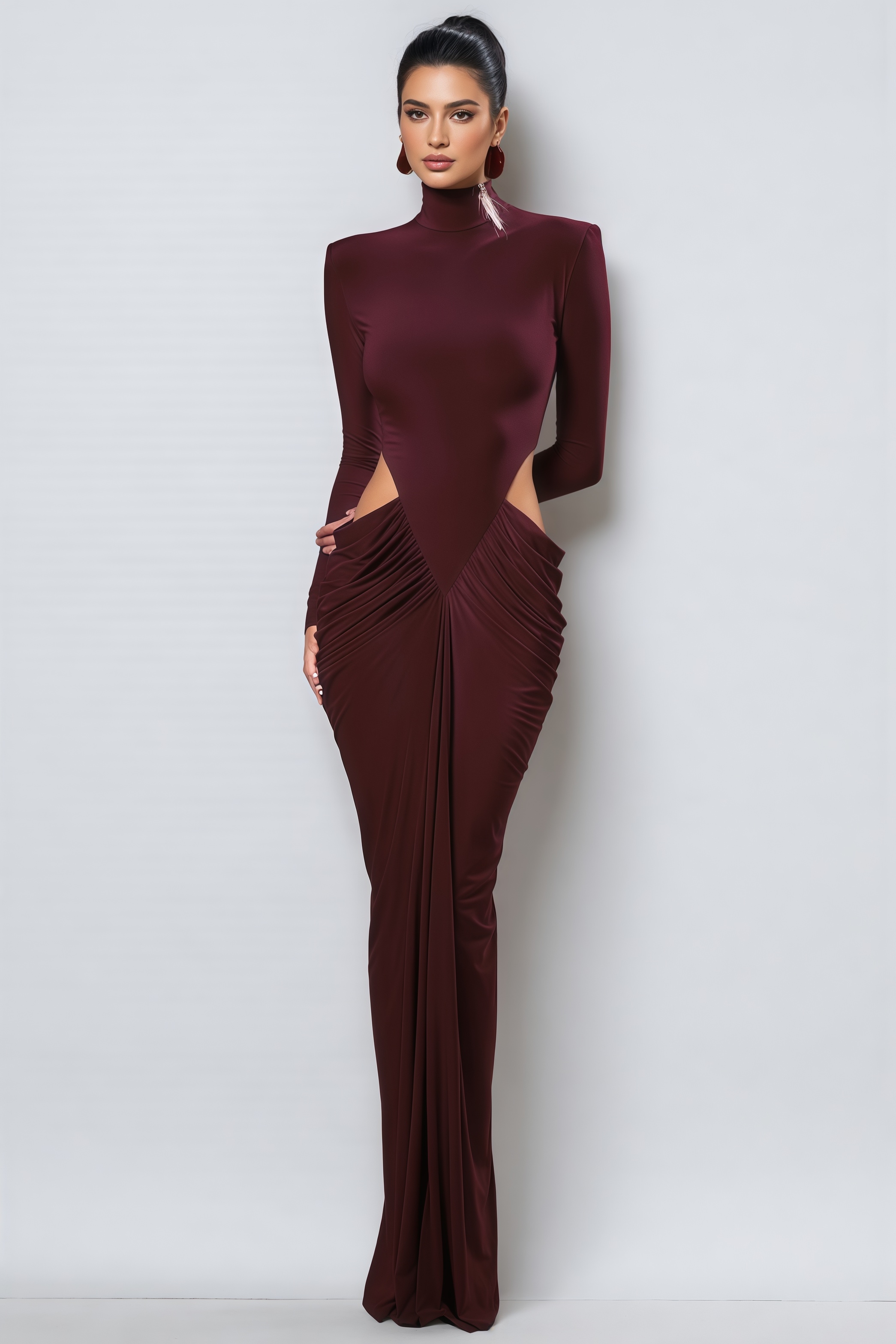 Wrenity Red Pleated Long Sleeve Maxi Dress