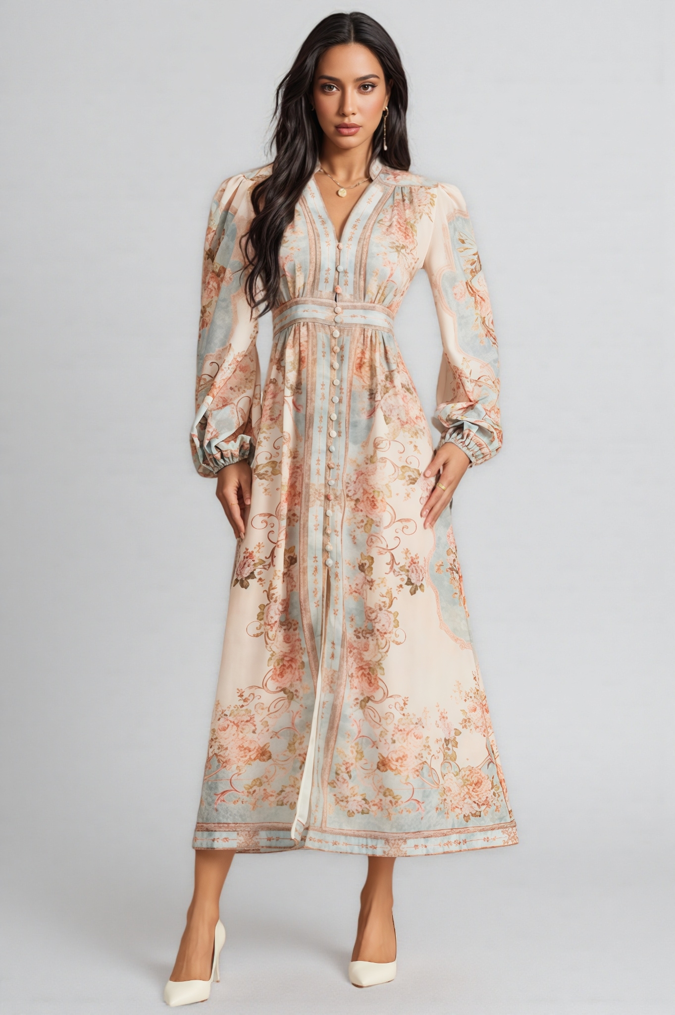 Quillon Blue Print Single Breasted Maxi Dress