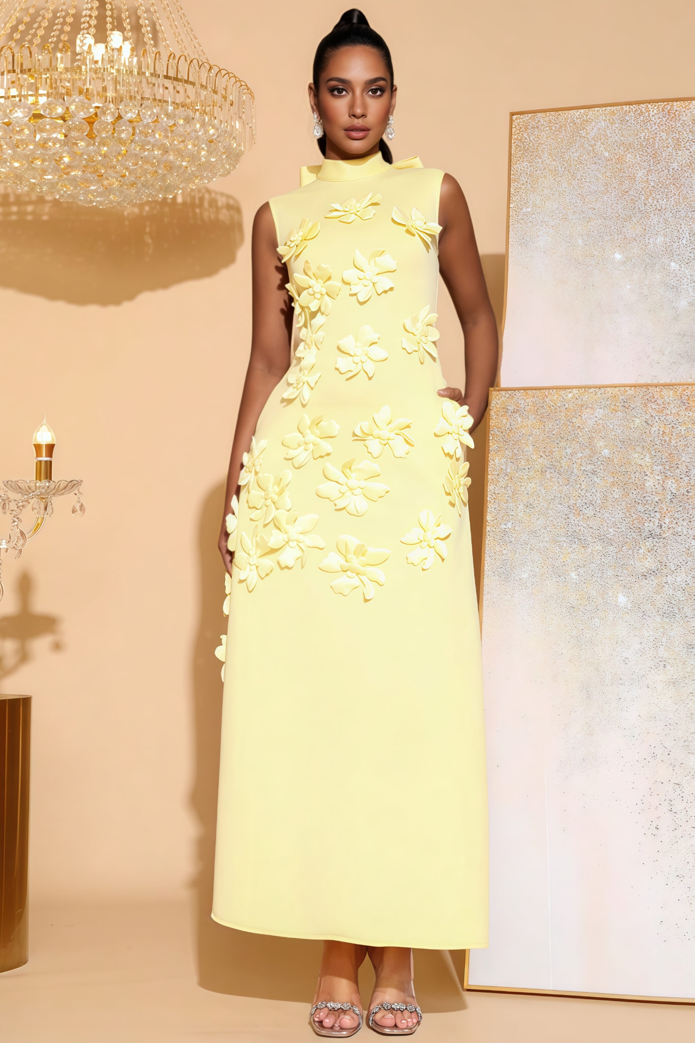 Bralen Sleeveless Yellow 3D Floral Maxi Dress