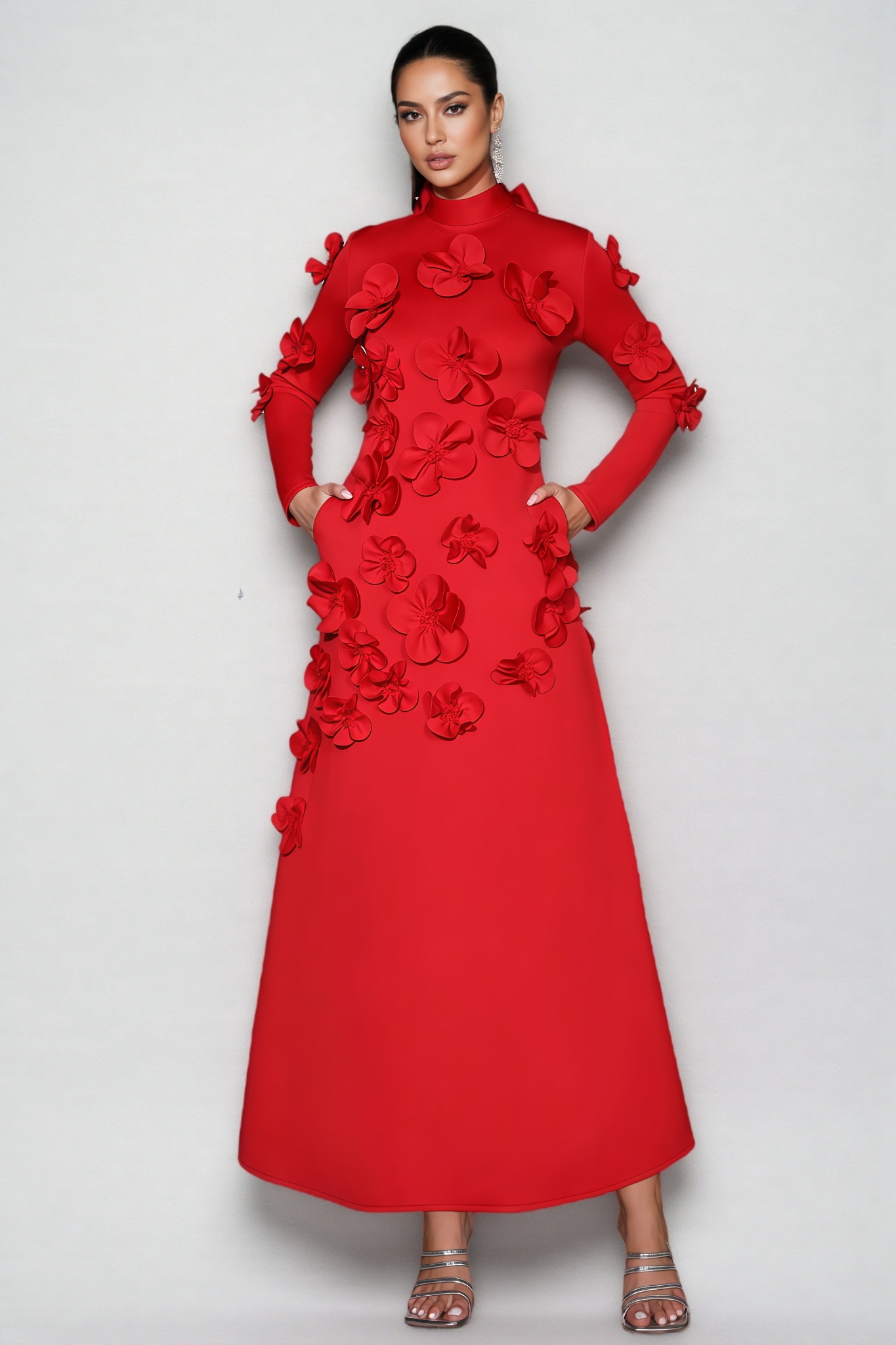 Yamaly Red 3D Floral Maxi Dress