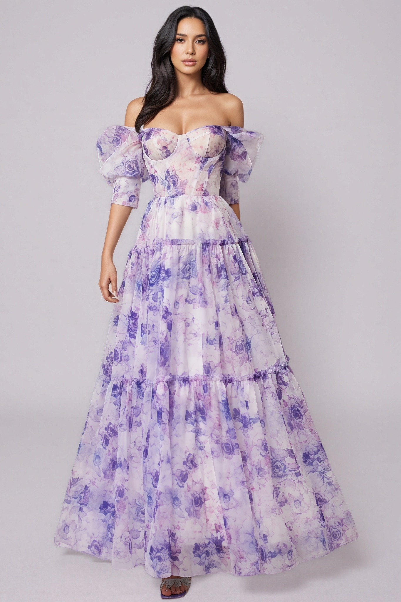 Michael Purple Off Shoulder Floral Maxi Dress