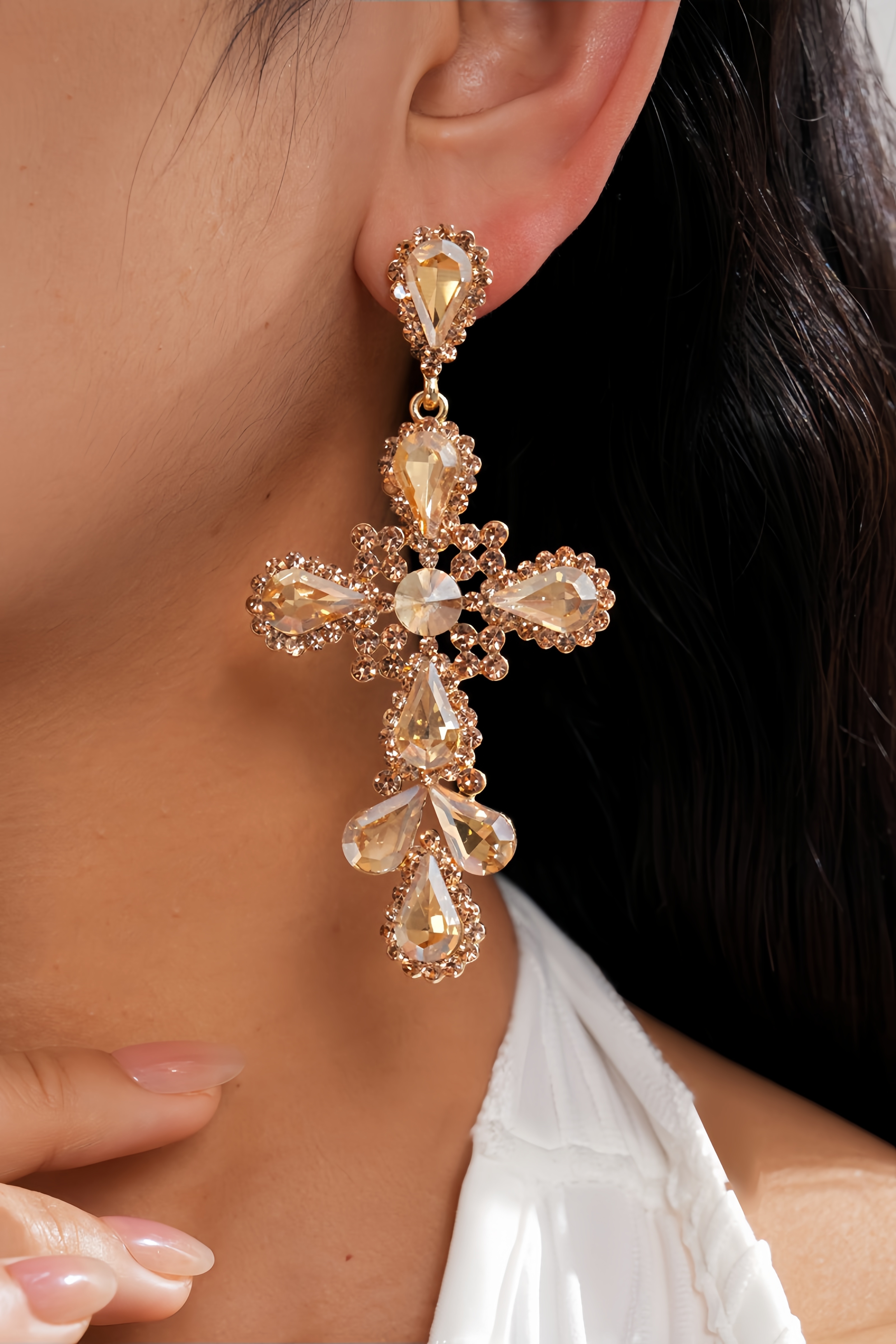 Sanuol Diamond Studded Teardrop Cross Earrings
