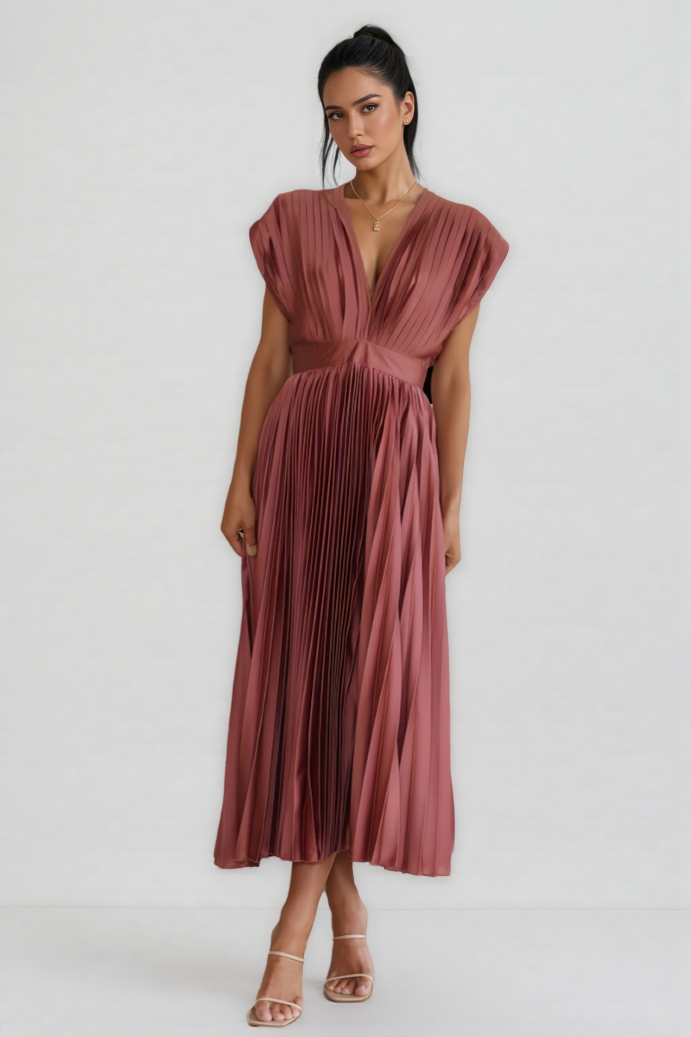 Hova Sleeveless Pleated Maxi Dress-Brick Red