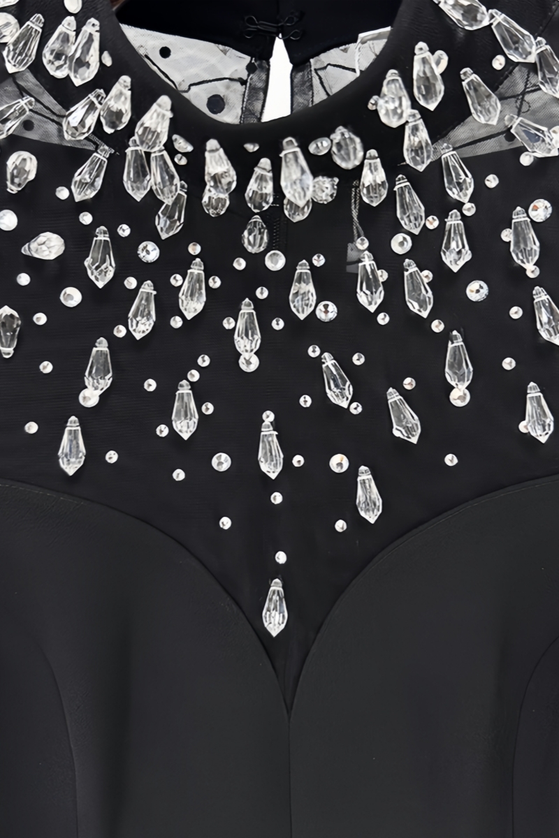 Umeko Black Diamond Studded Long Sleeve Maxi Dress