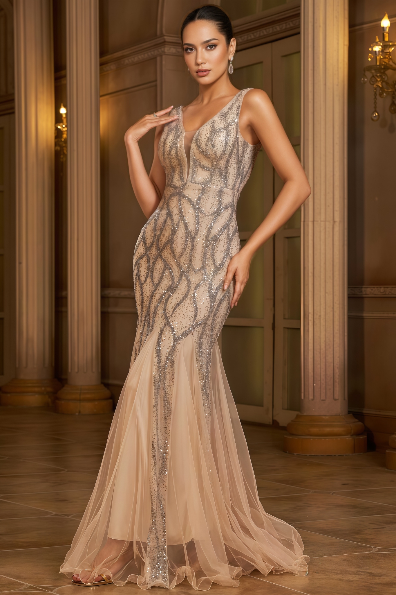 Veerle Sleeveless Sequined Mesh Maxi Dress