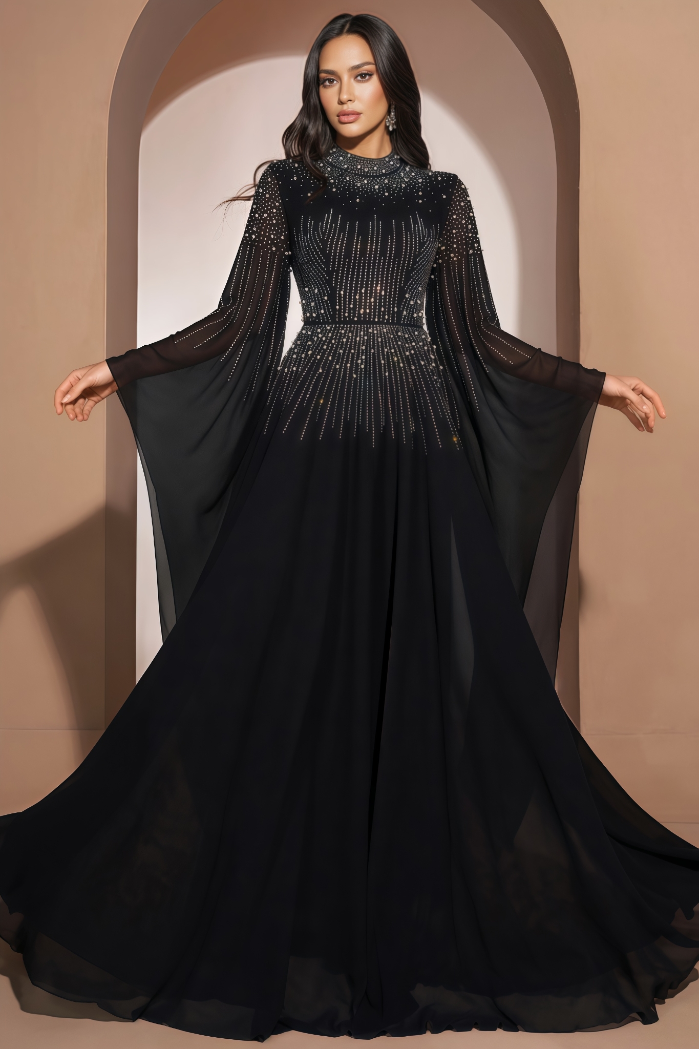 Lleur Black Long Sleeve Rhinestone Maxi Dress