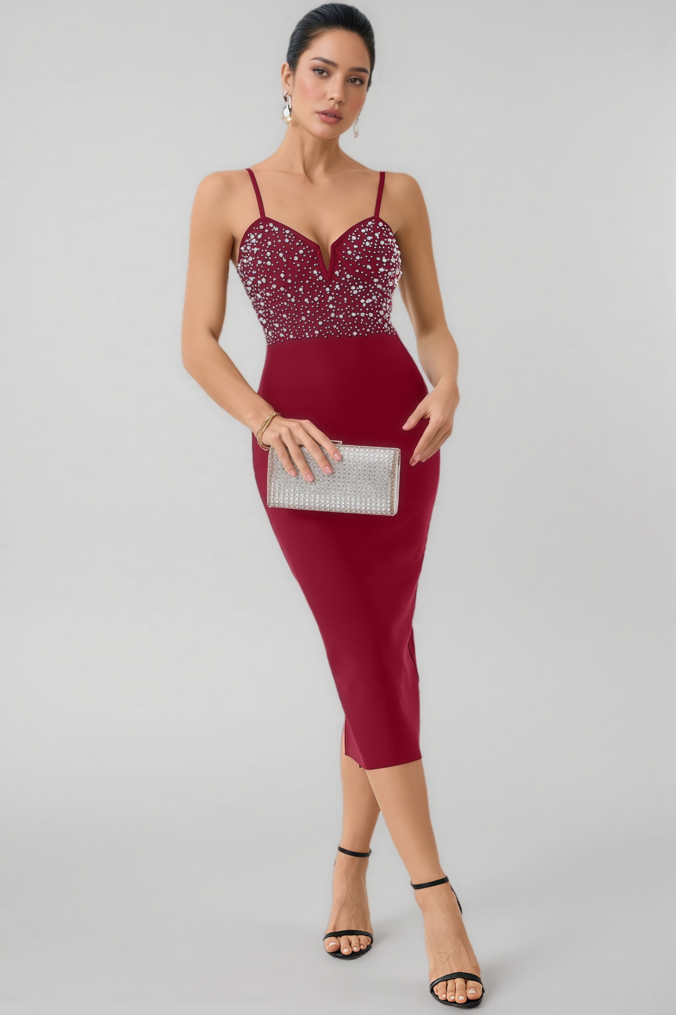 Slaia Red Studded Bandage Midi Dress