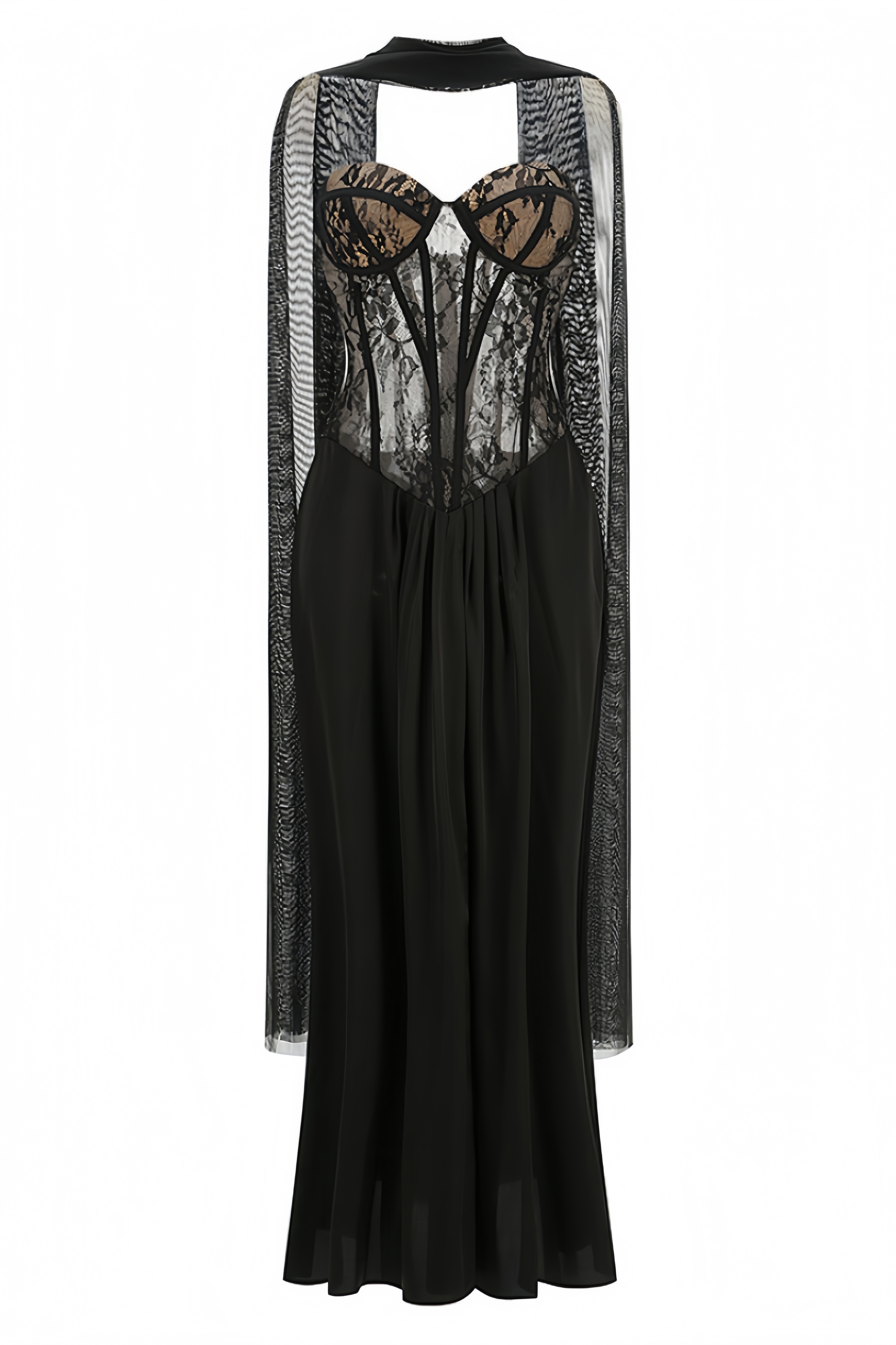 Vyony Black Lace Tulle Shawl Maxi Dress