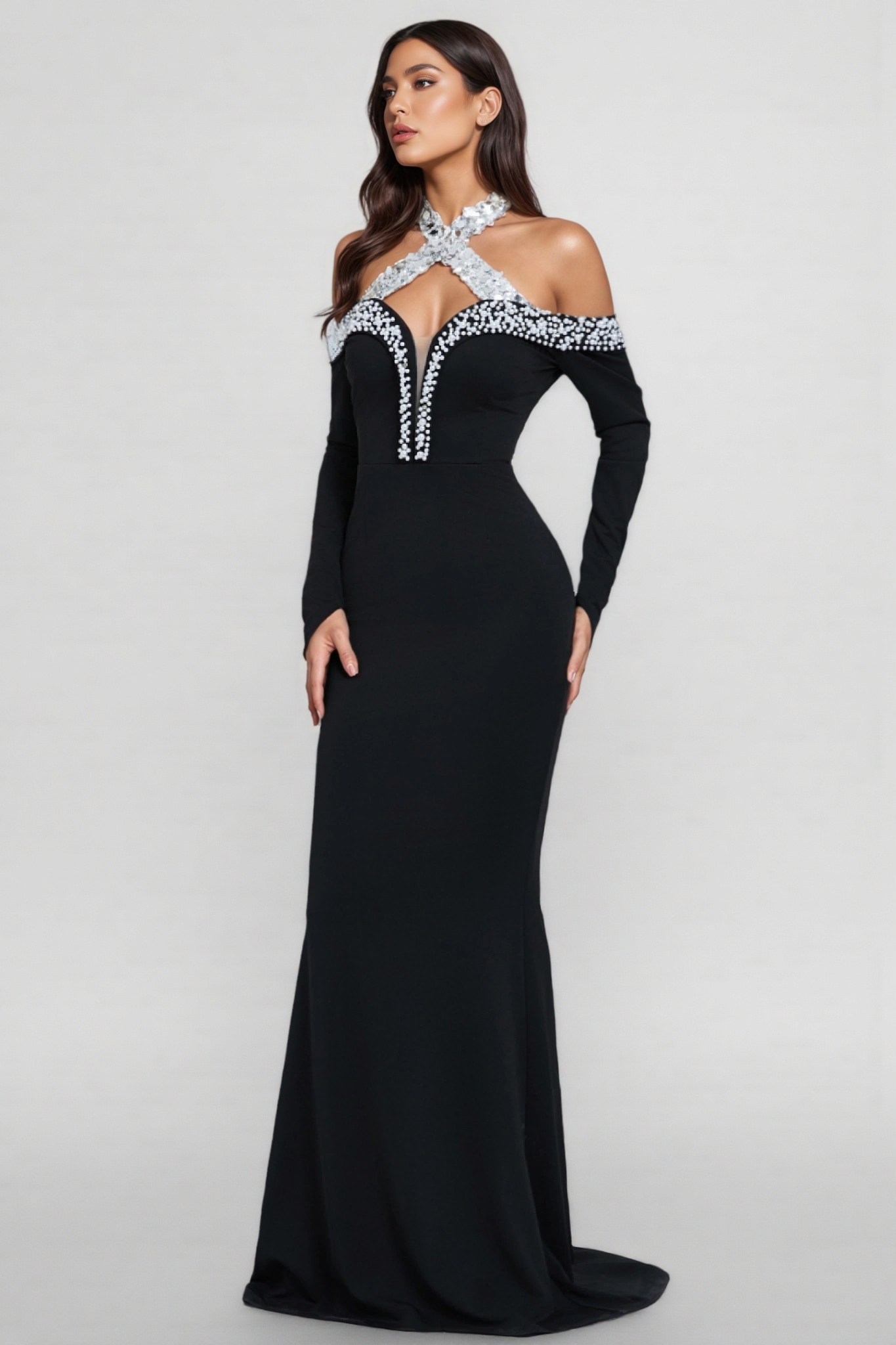 Hyxra Diamond Studded Fishtail Maxi Dress