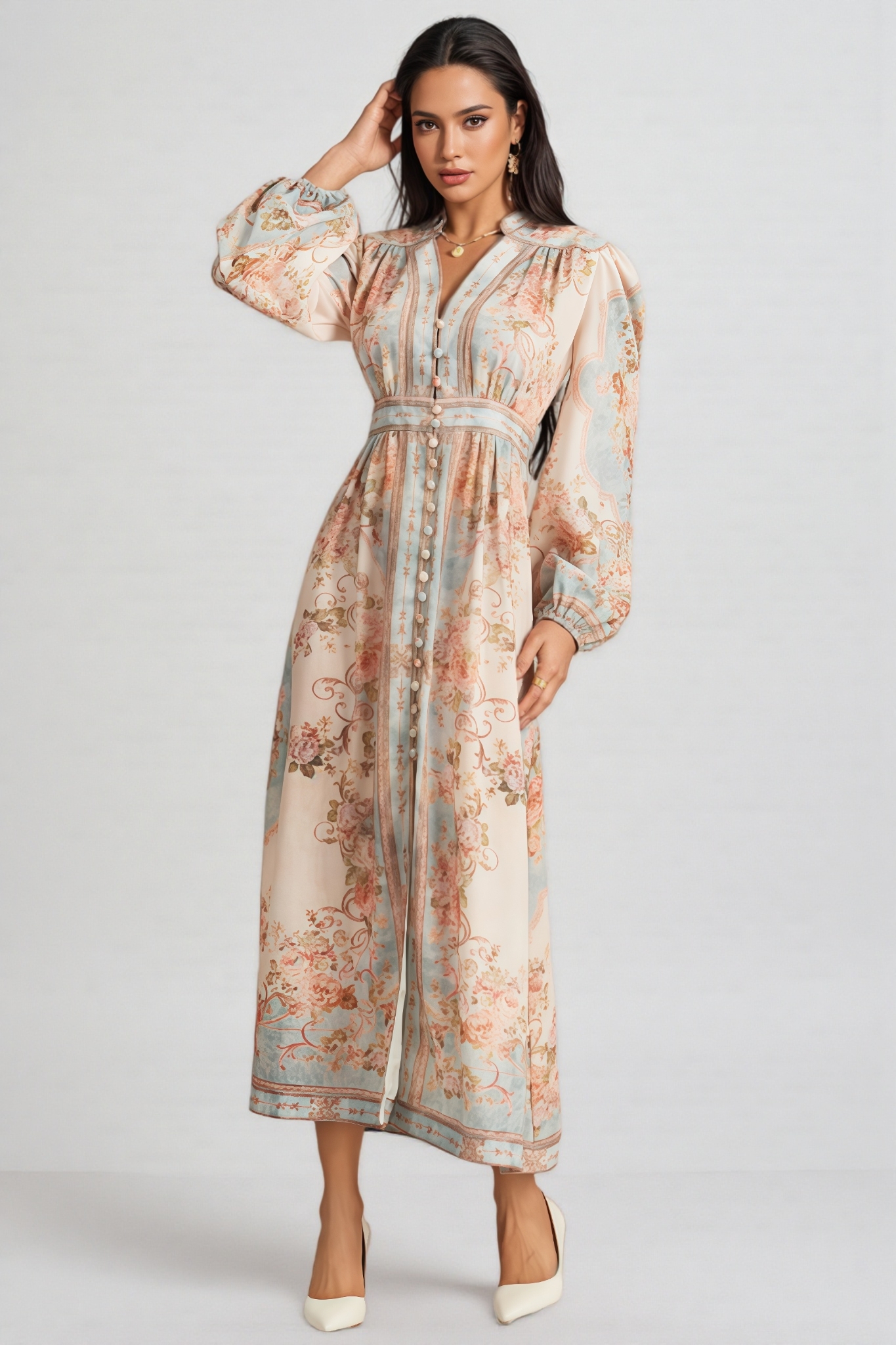 Quillon Blue Print Single Breasted Maxi Dress