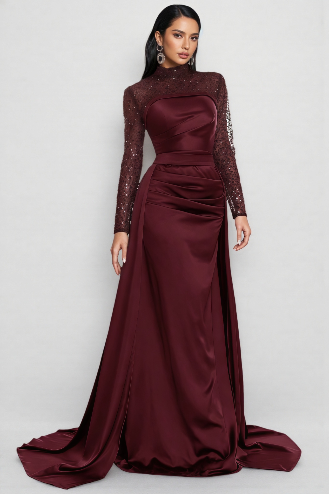 Oswind Red Sequined Long Sleeve Satin Maxi Dress