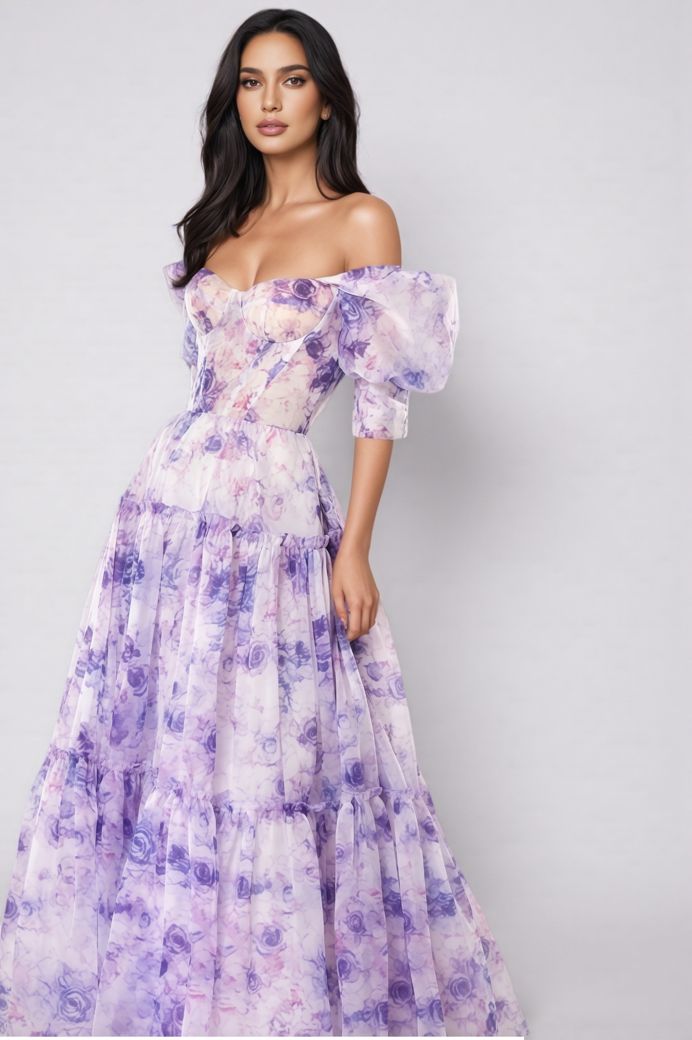 Michael Purple Off Shoulder Floral Maxi Dress