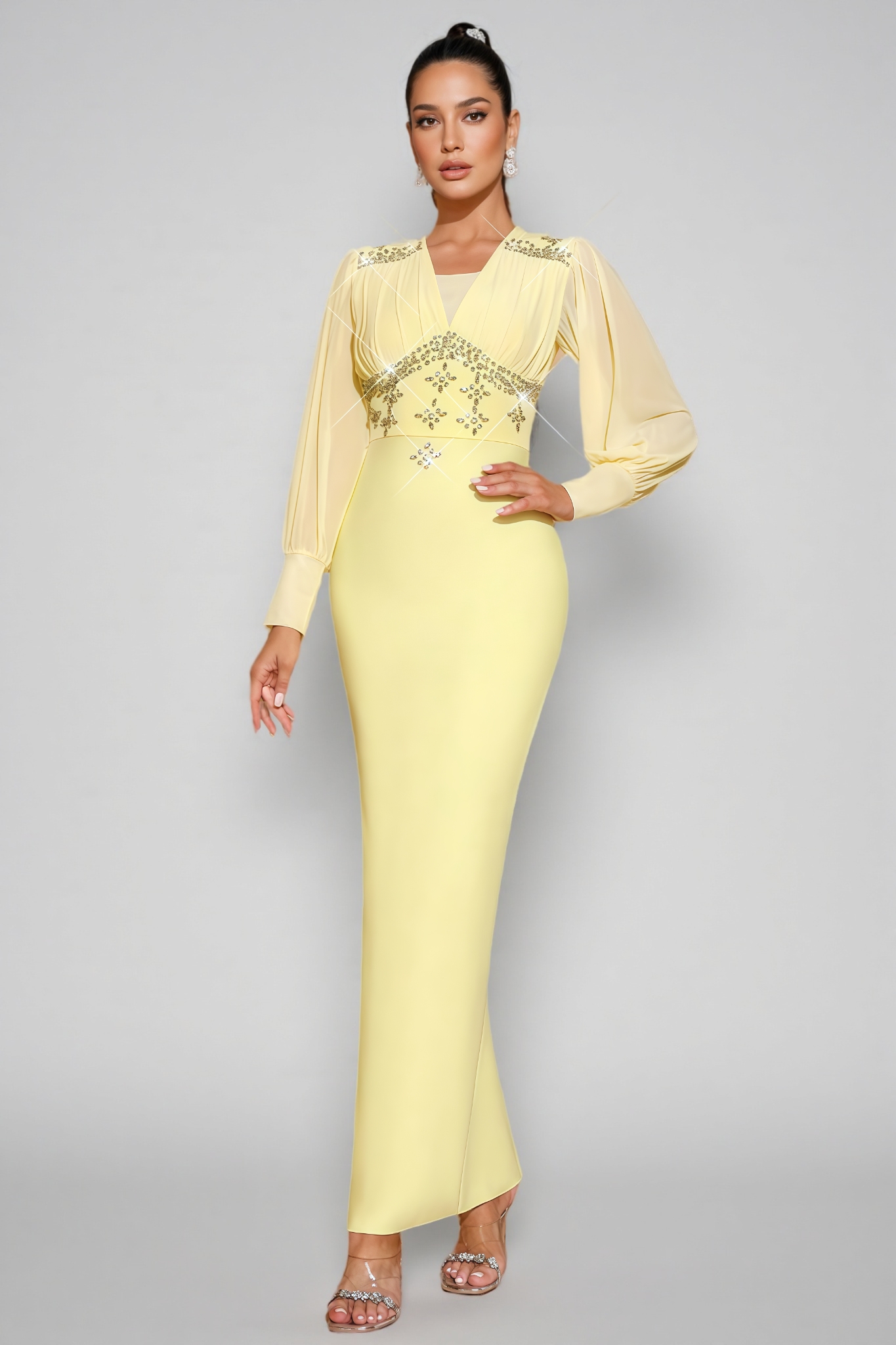Euopa Yellow Rhinestone Maxi Dress