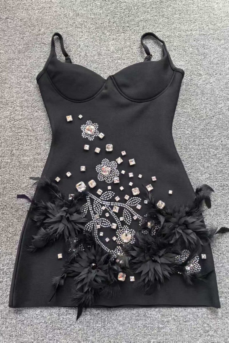 Hntyrt Black Feather Sequin Bandage Mini Dress