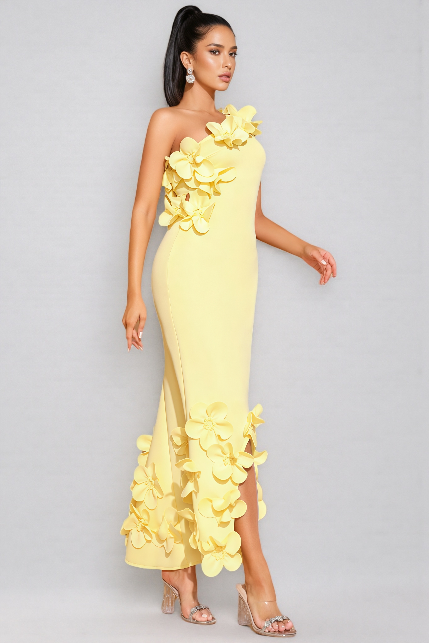 Zalia Yellow One-Shoulder 3D Floral Maxi Dress
