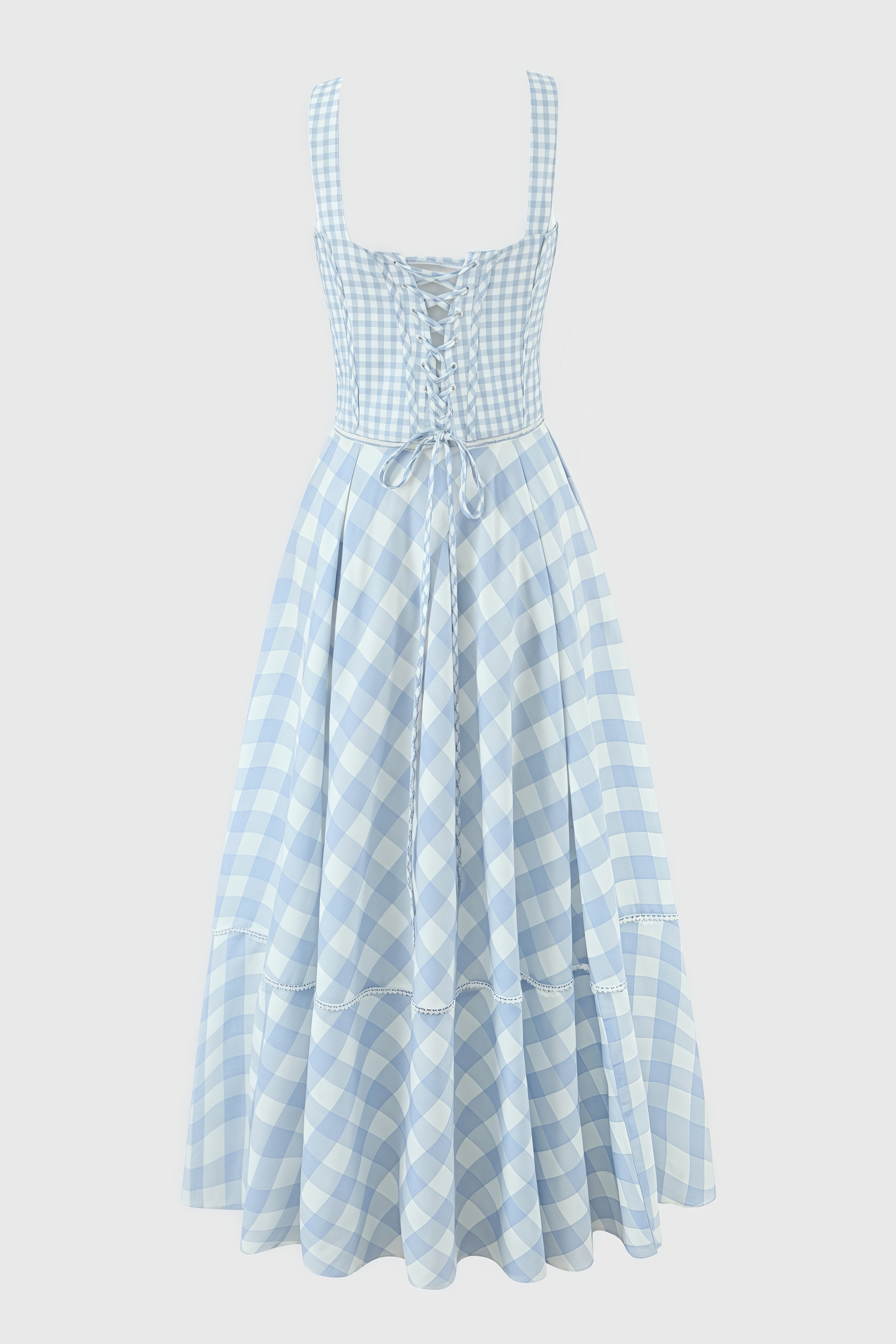 Azurt Blue Gingham Stretch Cotton Midi Dress Set