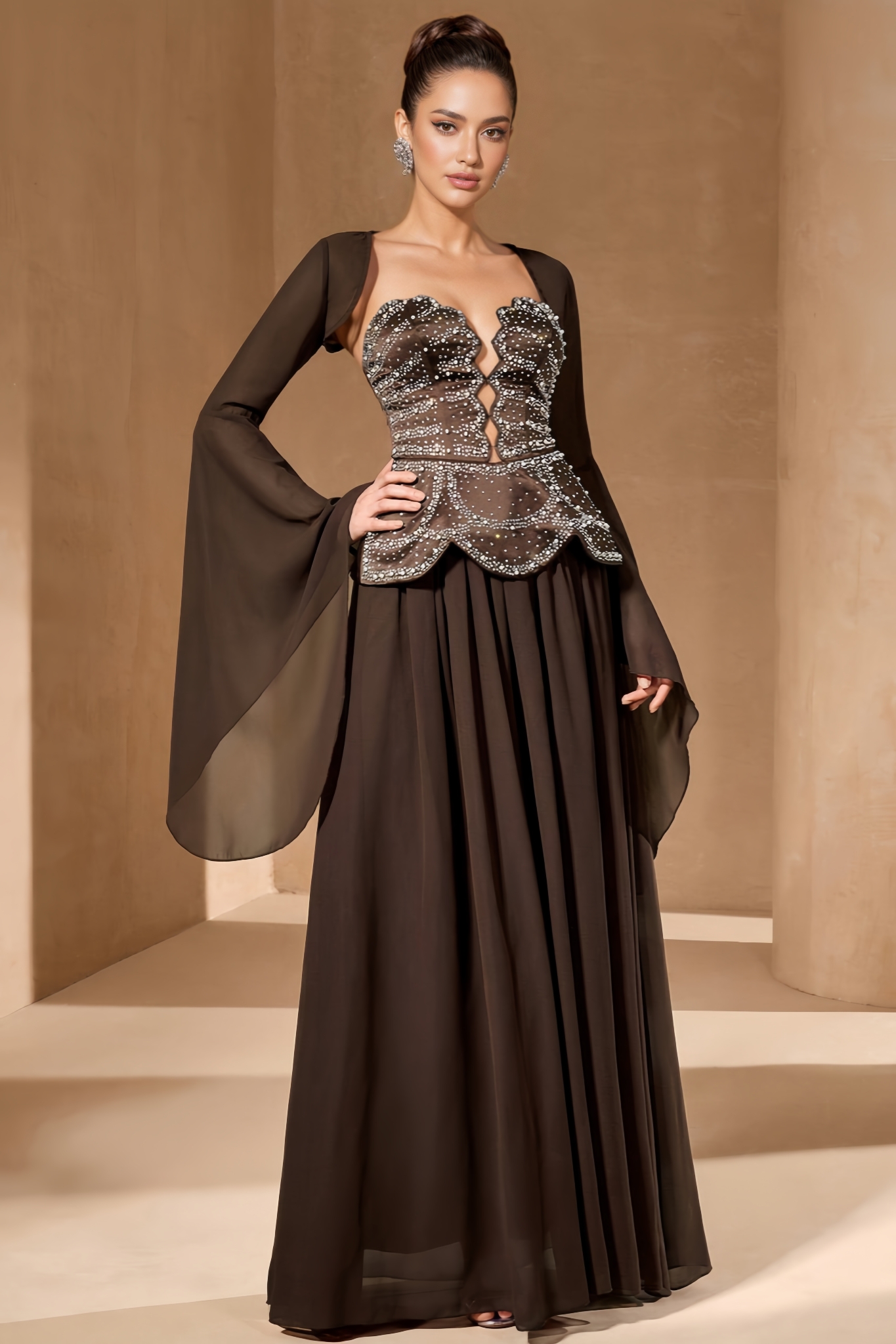 Golen Brown Strapless Maxi Dress Set