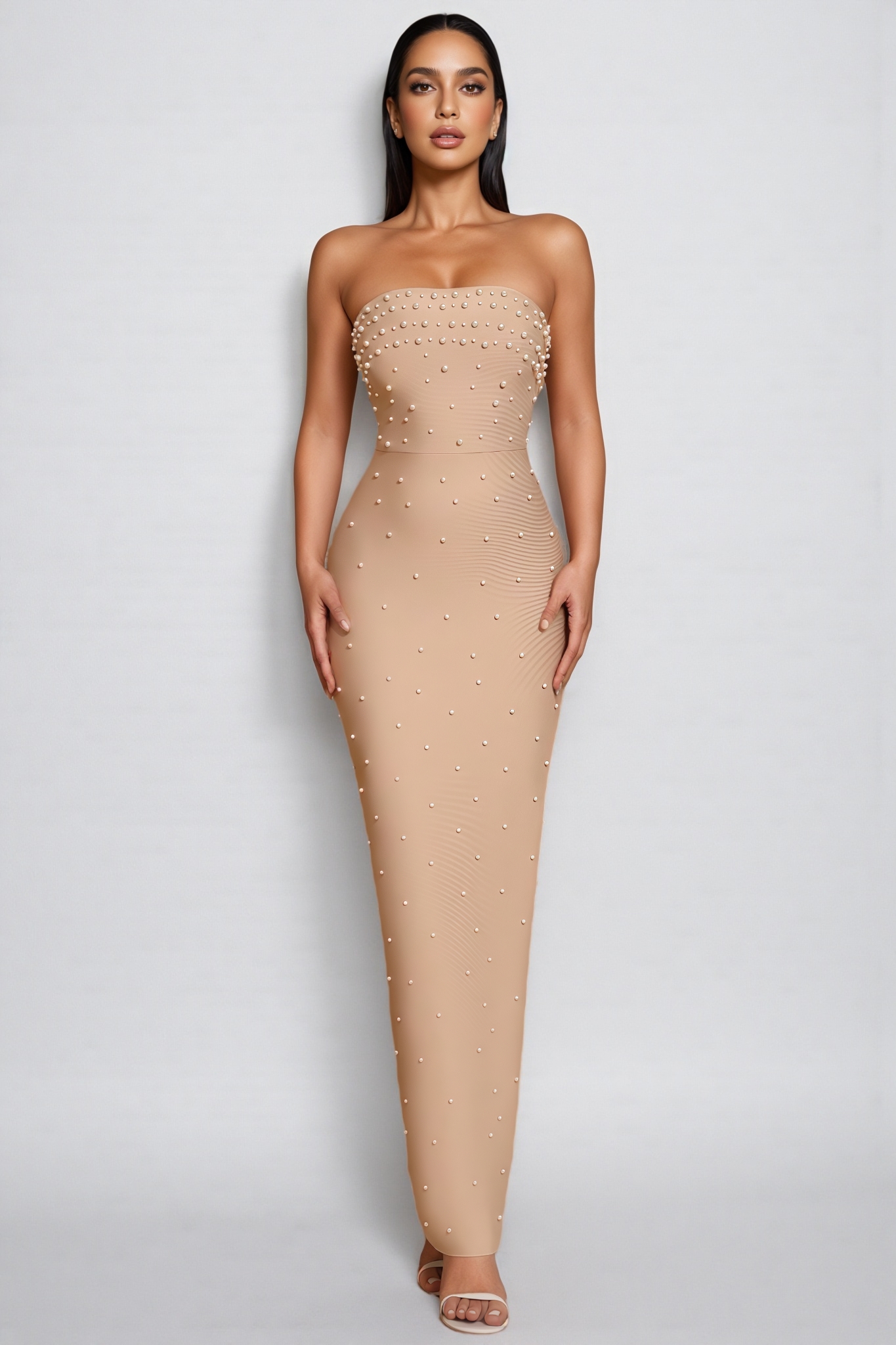 Sevyn Apricot Strapless Pearl Maxi Dress