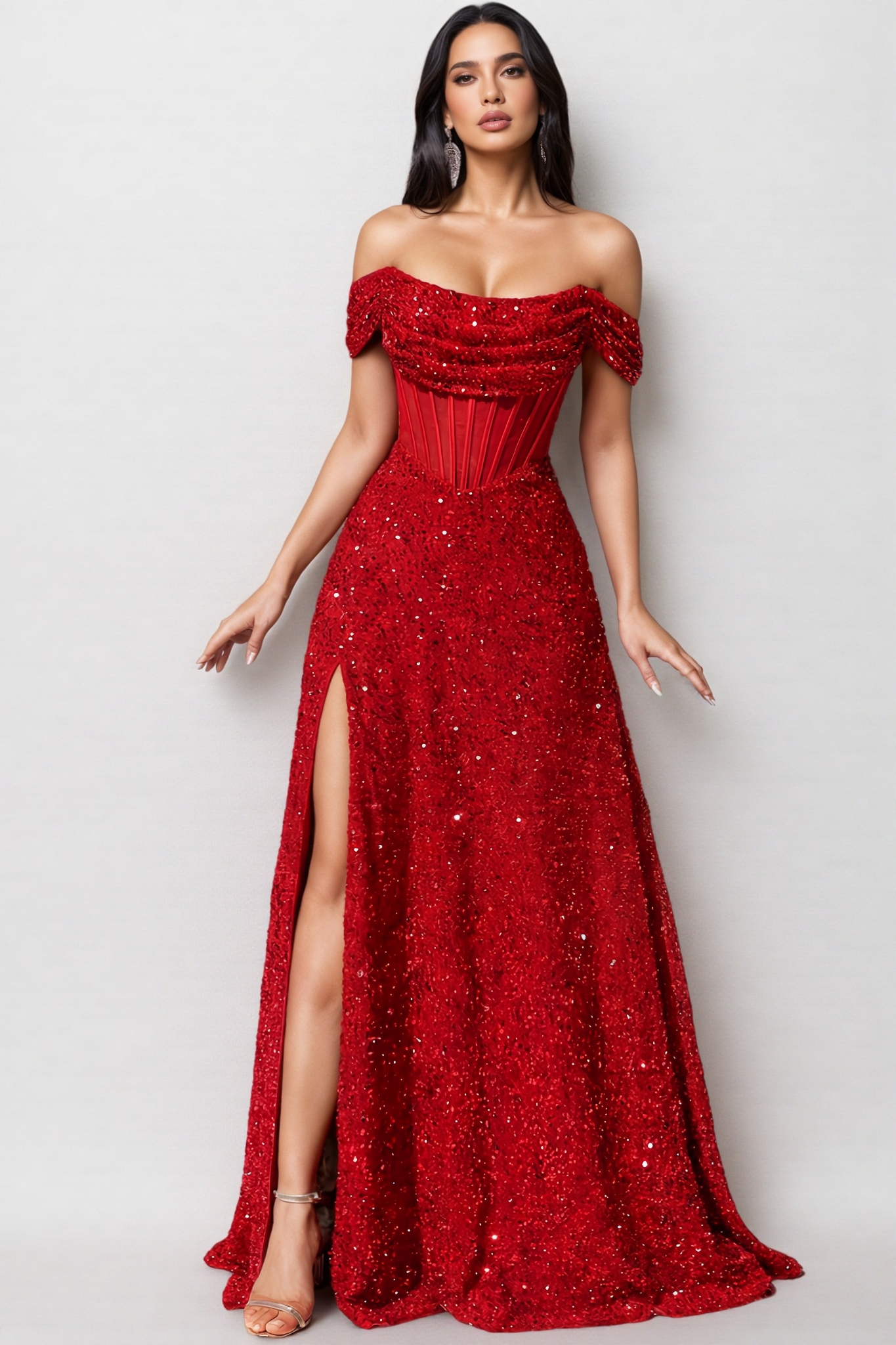 Yonny Red Off The Shoulder Sequin Maxi Dress
