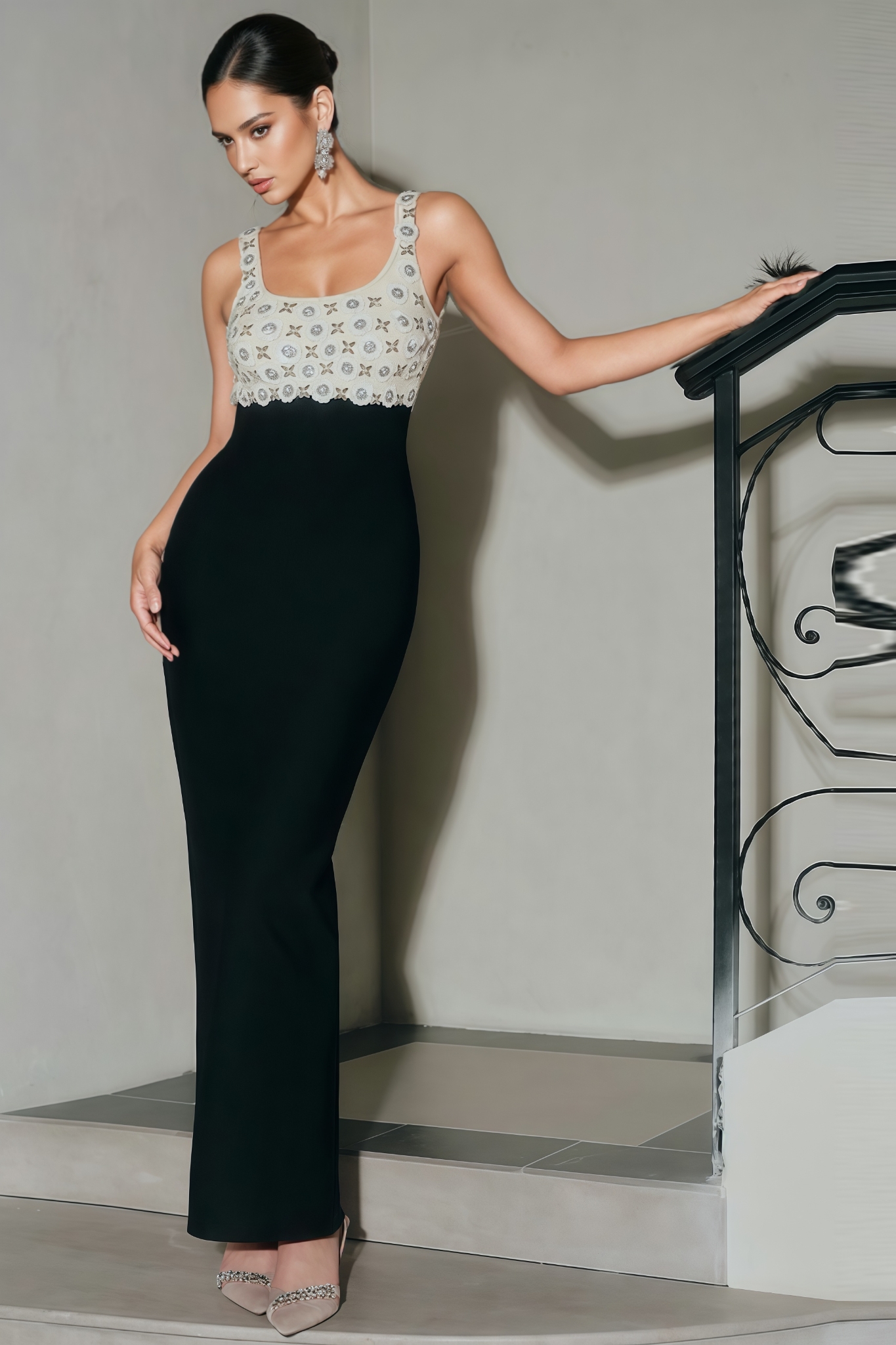 Jayne Bandage Rhinestone Pearl Maxi Dress