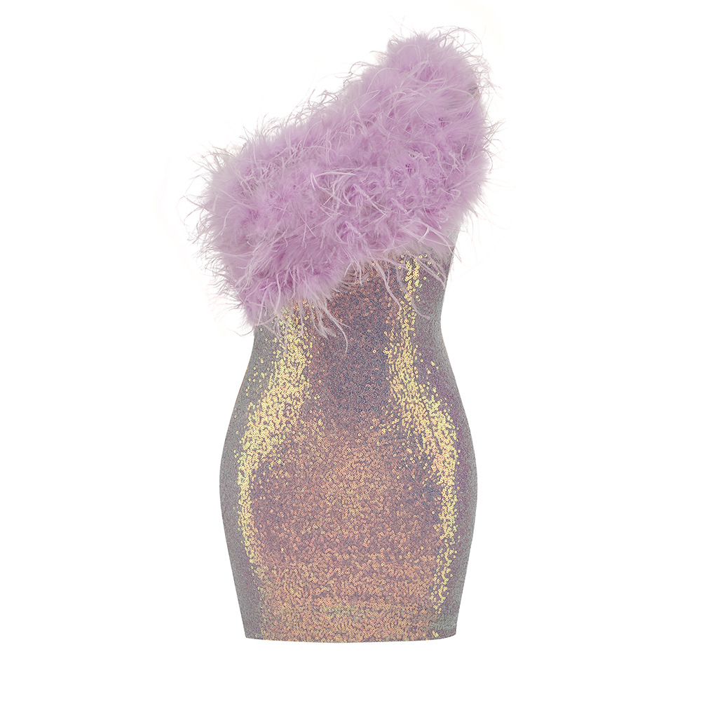 Rulone Off Shoulder Purple Sequin Feather Mini Dress