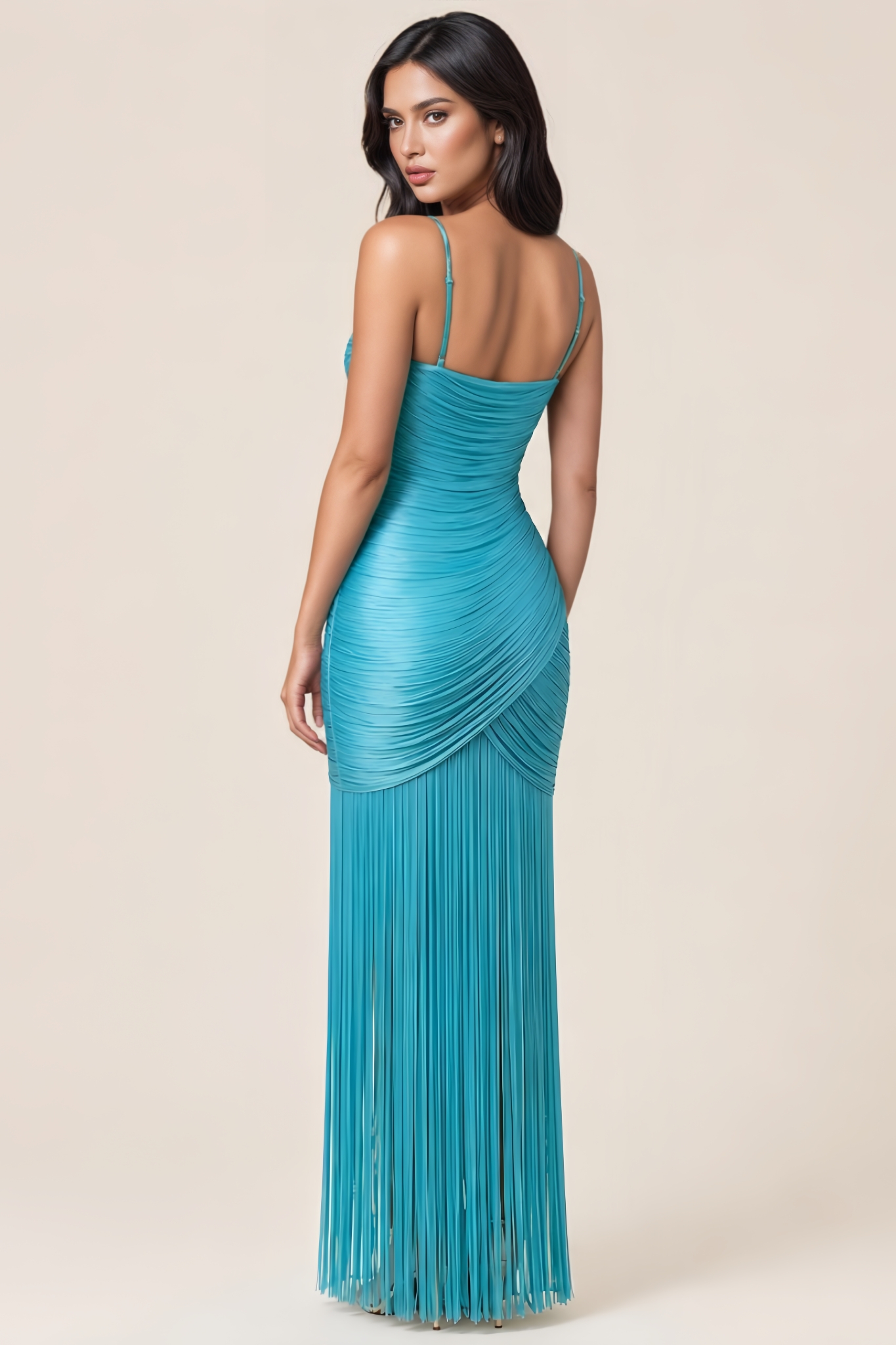 Nhea Blue Halter Fringe Maxi Dress